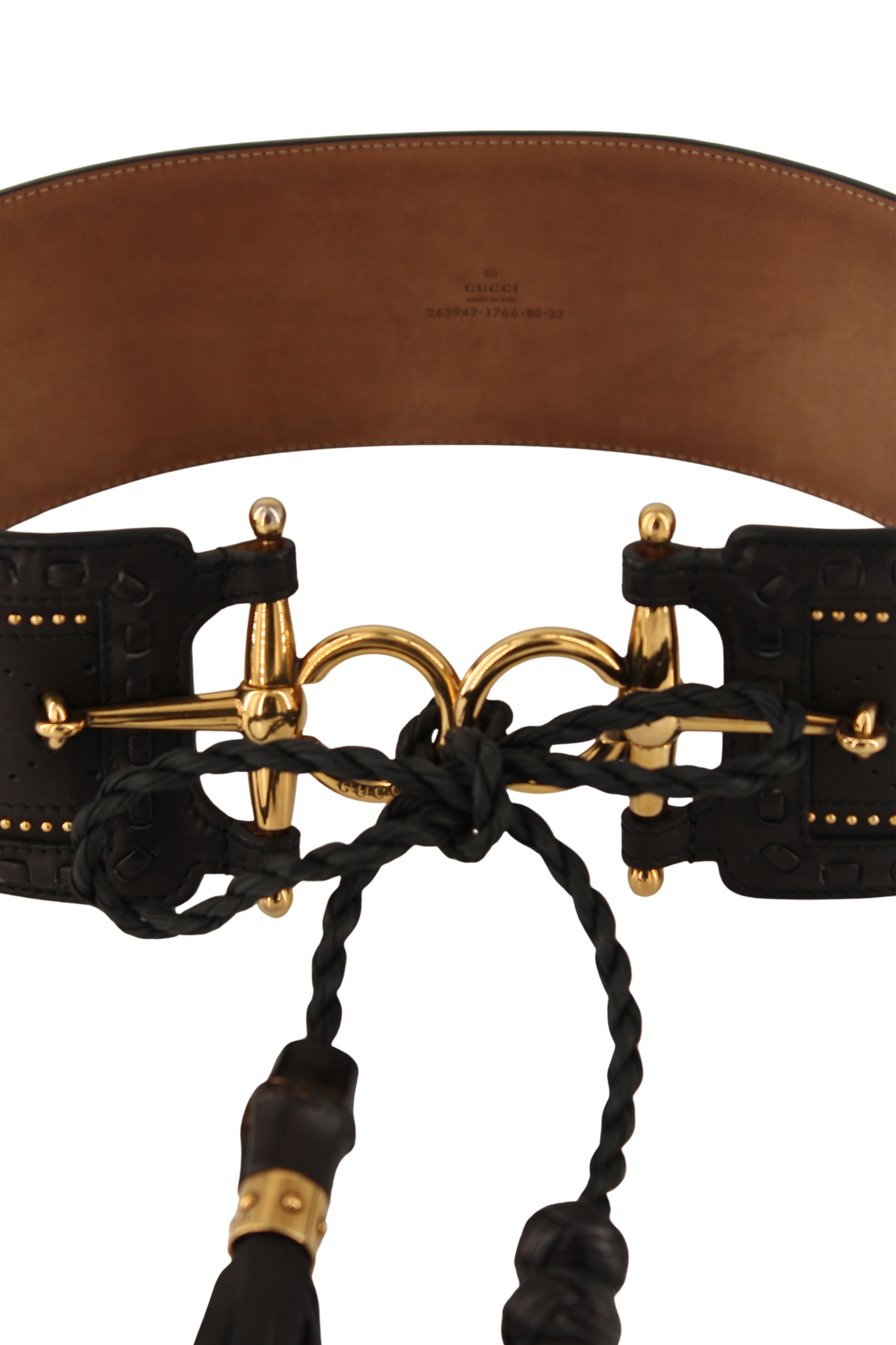 Gucci <br> S/S 2011 leather wrap belt with gold horse-bit buckle & tassel ties