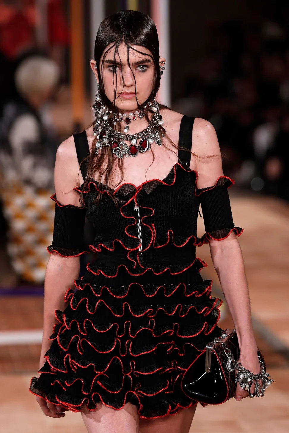 Alexander McQueen <br> S/S 2018 runway & campaign cold shoulder ruffled mini dress