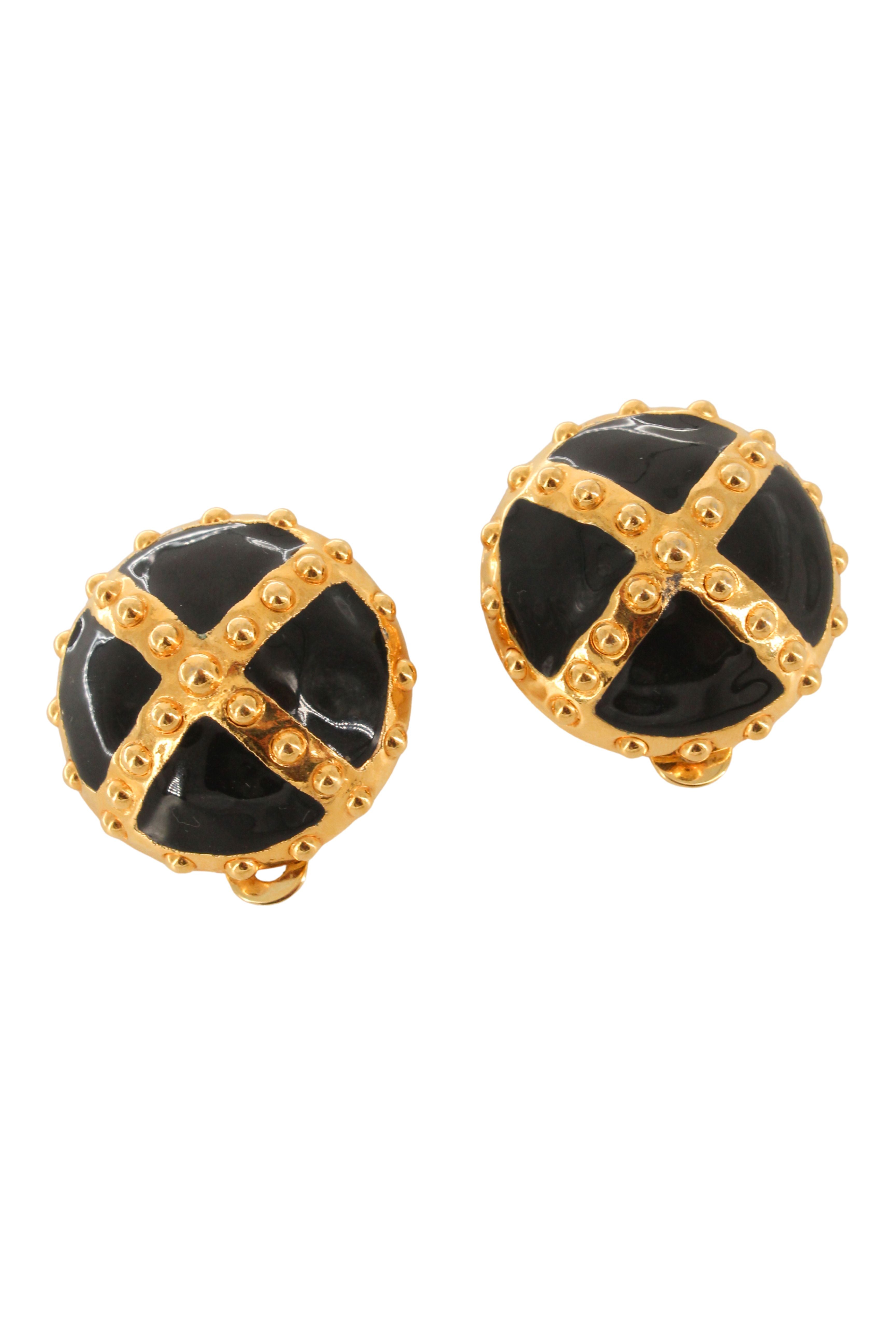Escada <br> 80's oversized enamel & gold clip on earrings