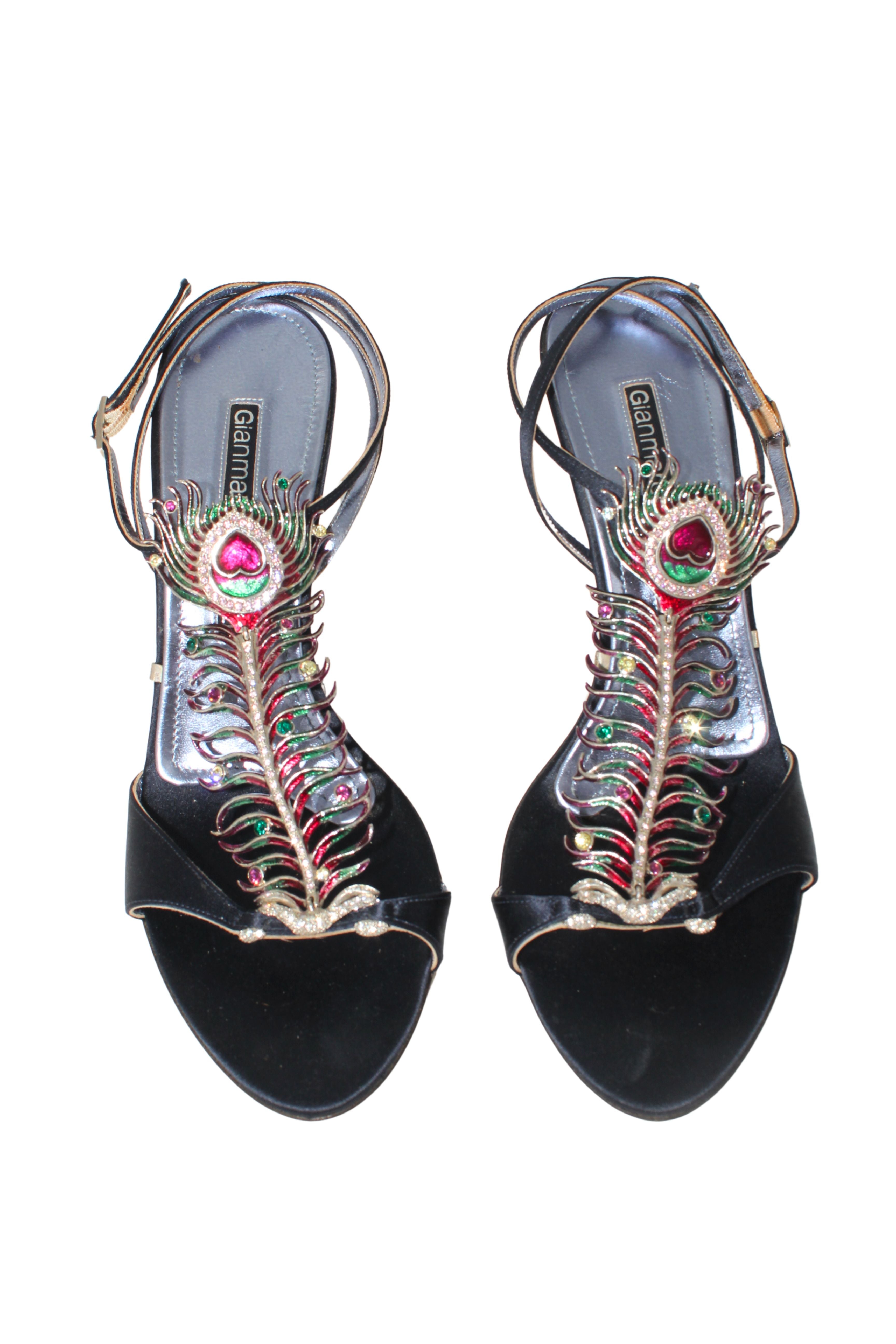 Gianmarco Lorenzi <br> 2000's peacock feather satin sandals