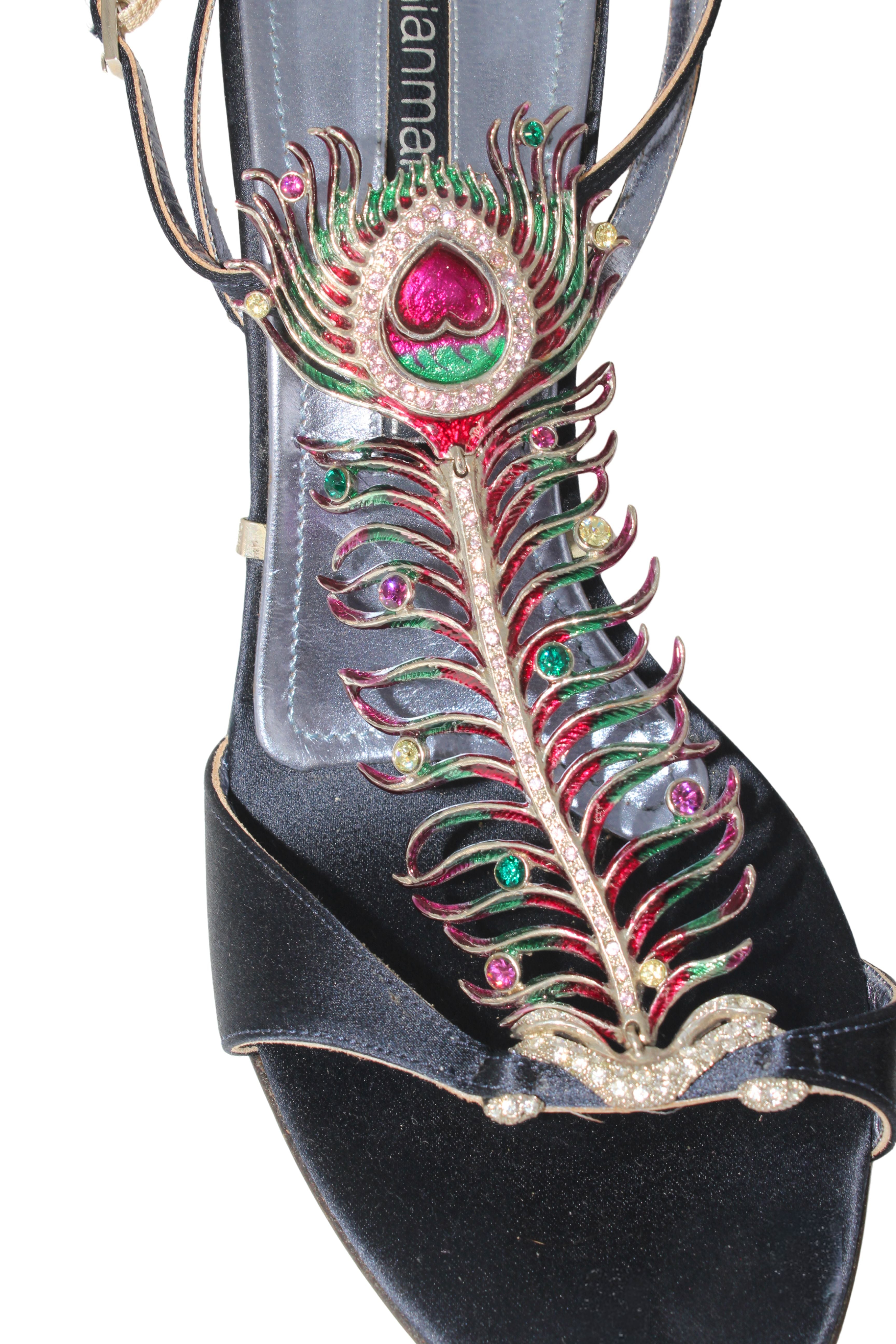 Gianmarco Lorenzi <br> 2000's peacock feather satin sandals