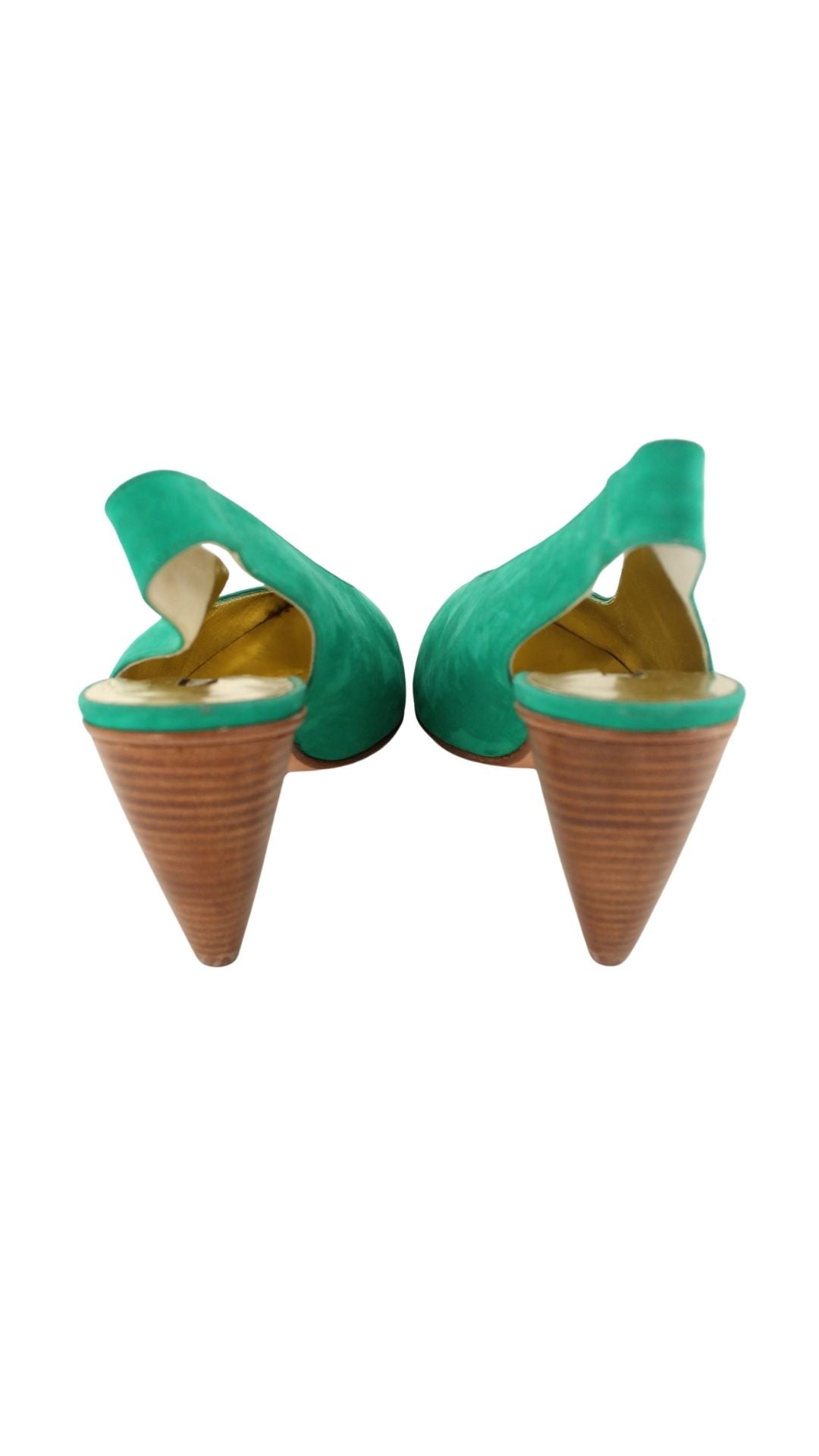 Walter Steiger <br> 1980's deadstock green suede curved heel slingback pump