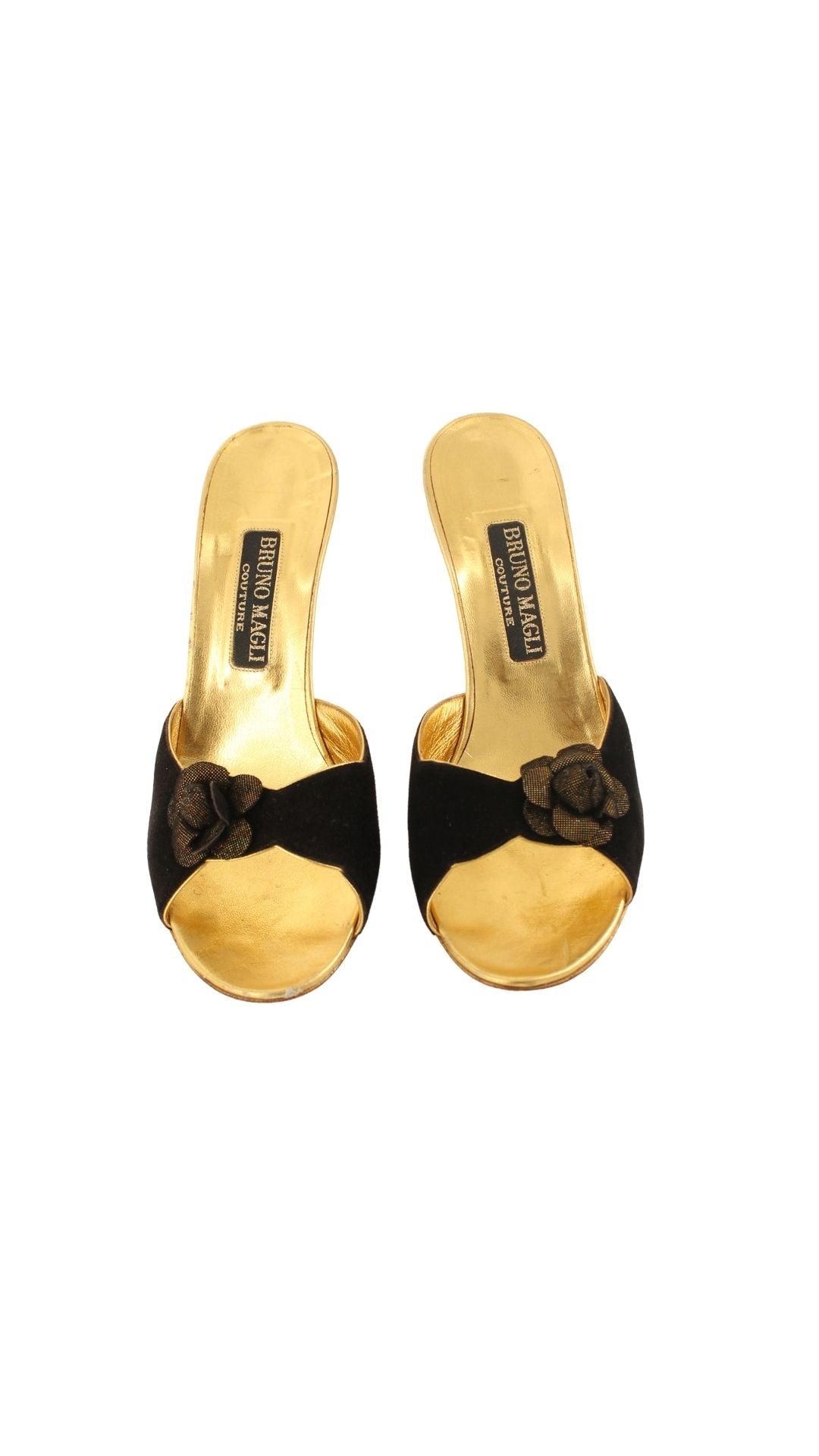 Bruno Magli Couture <br> 1980's suede mules with gold heels & rosette detail