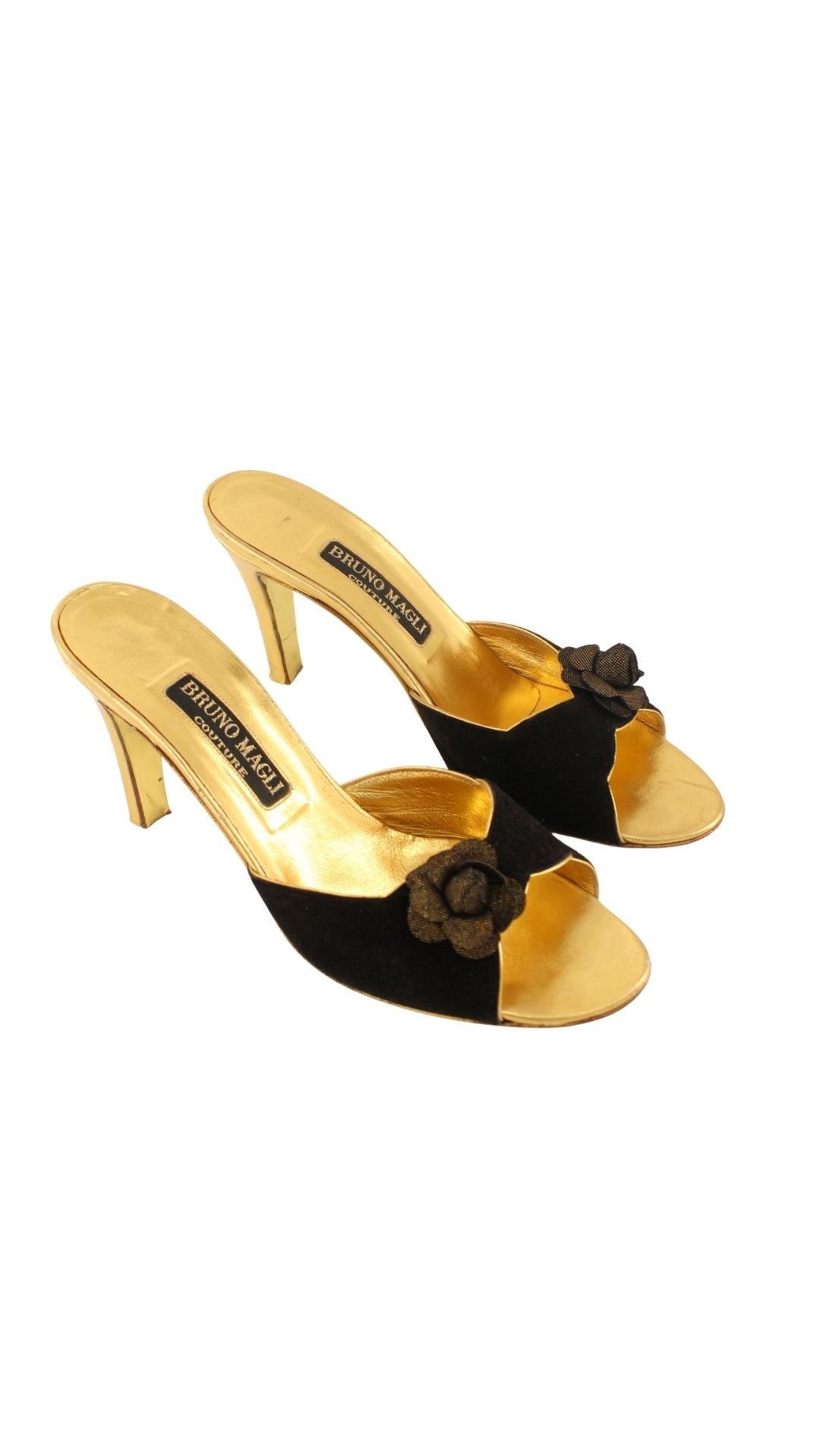 Bruno Magli Couture <br> 1980's suede mules with gold heels & rosette detail