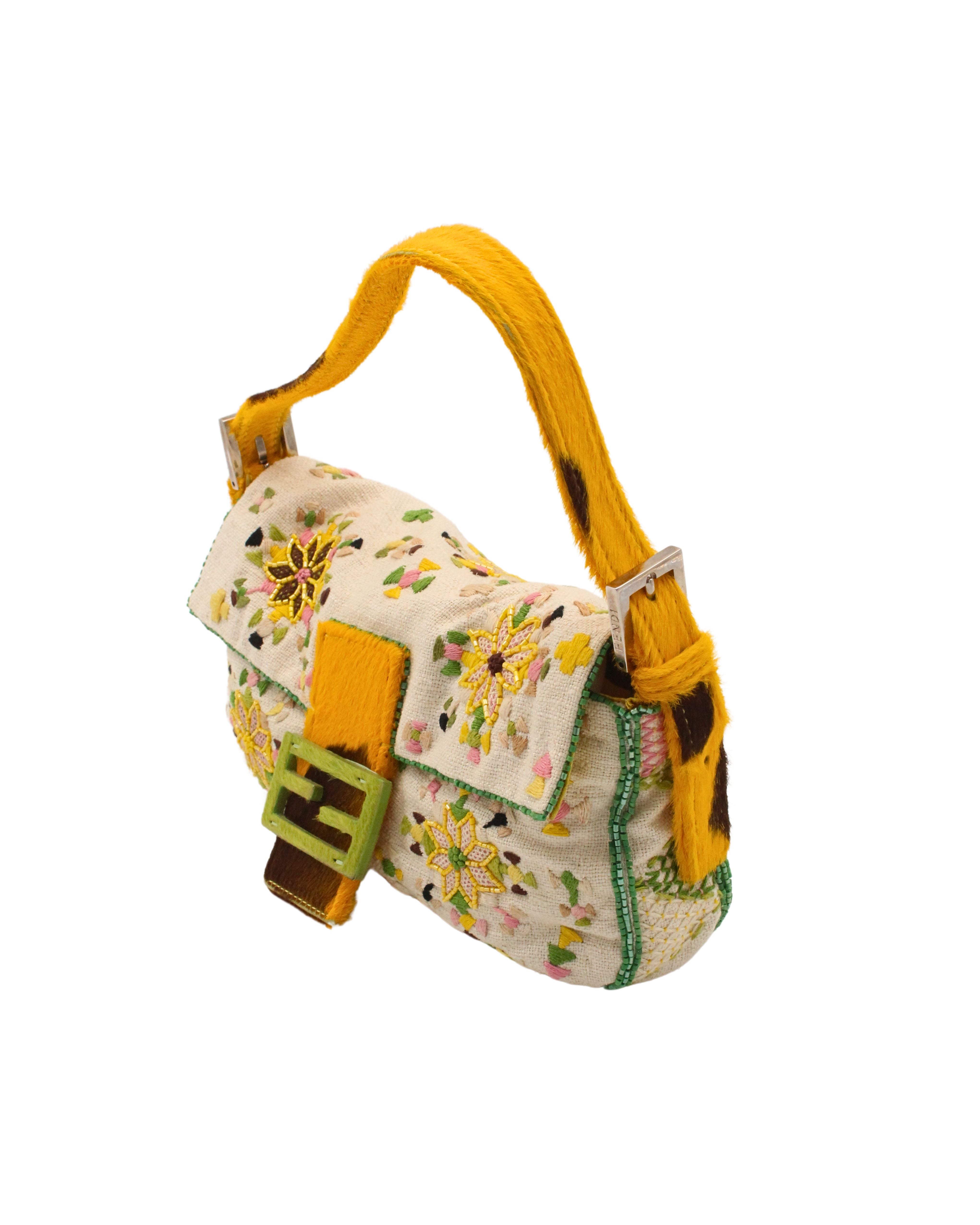 Fendi <br> 90's floral embroidered & beaded pony hair trim baguette bag