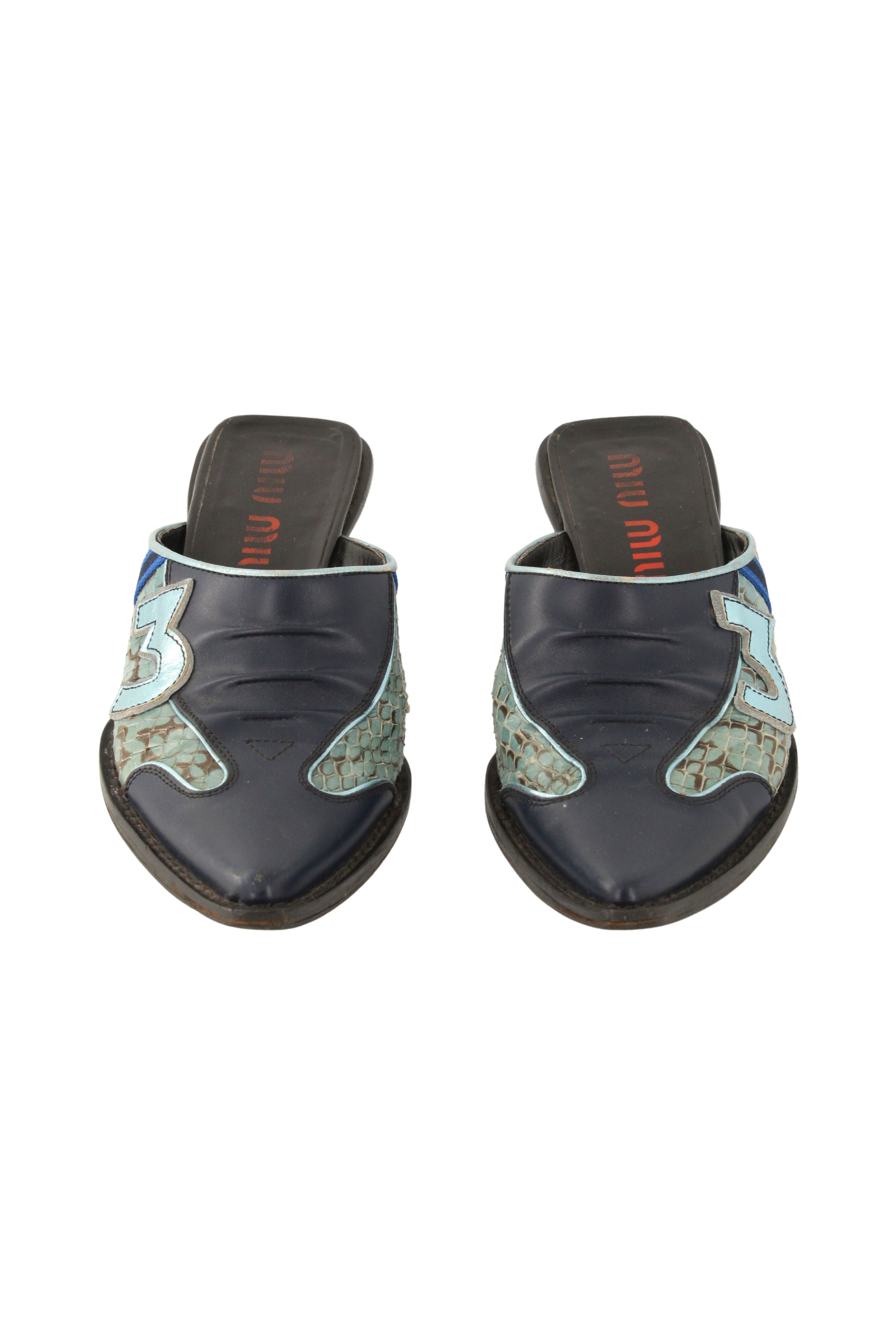Miu Miu <br> S/S 1999 leather & snakeskin pointy toe mules