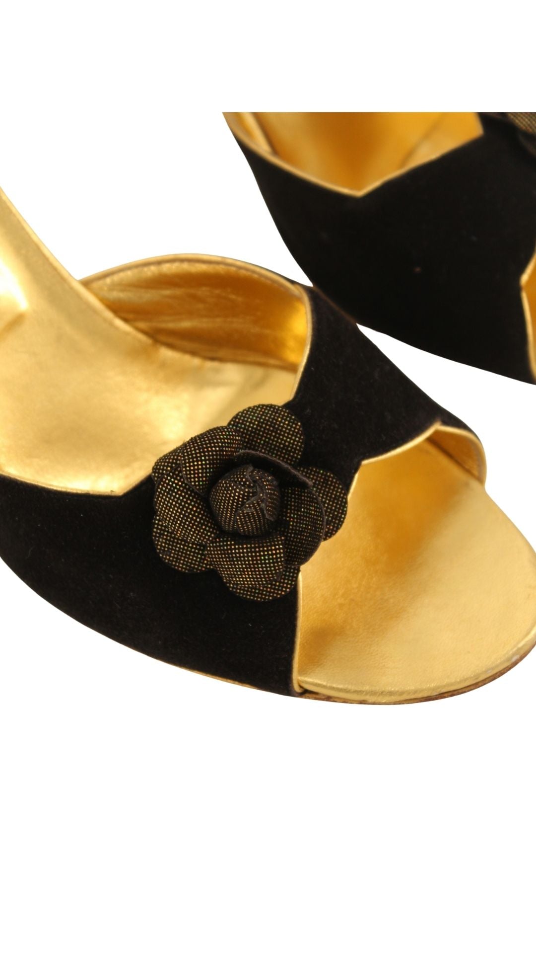 Bruno Magli Couture <br> 1980's suede mules with gold heels & rosette detail