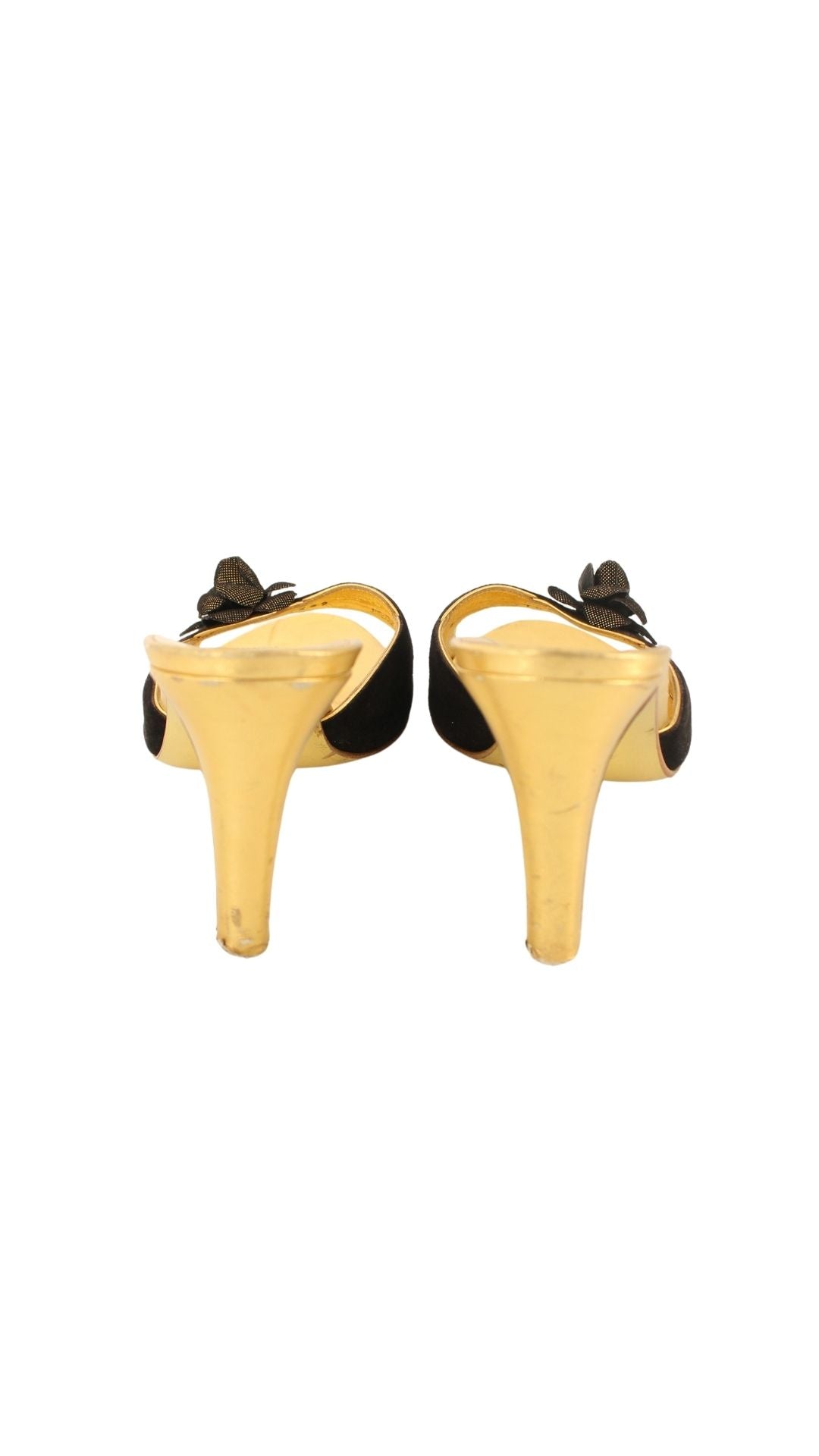 Bruno Magli Couture <br> 1980's suede mules with gold heels & rosette detail