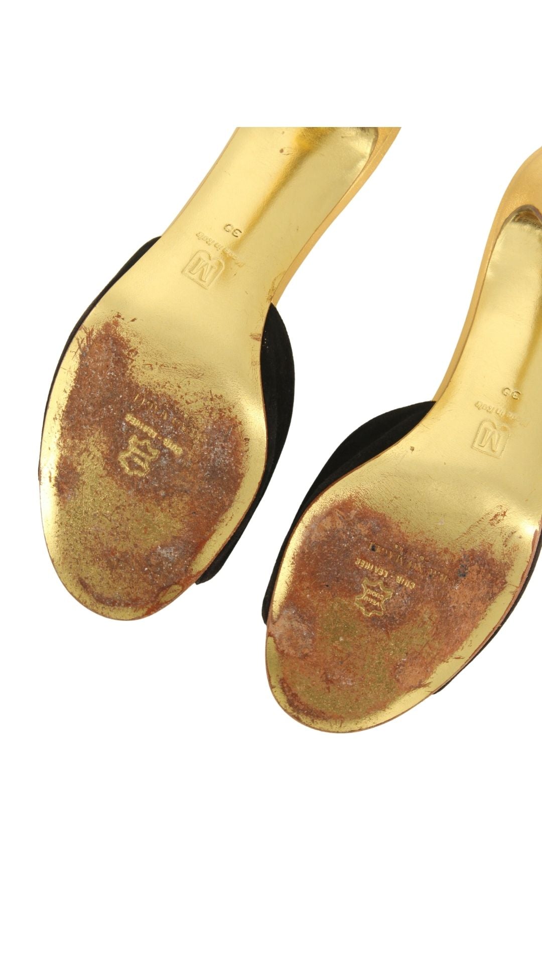 Bruno Magli Couture <br> 1980's suede mules with gold heels & rosette detail