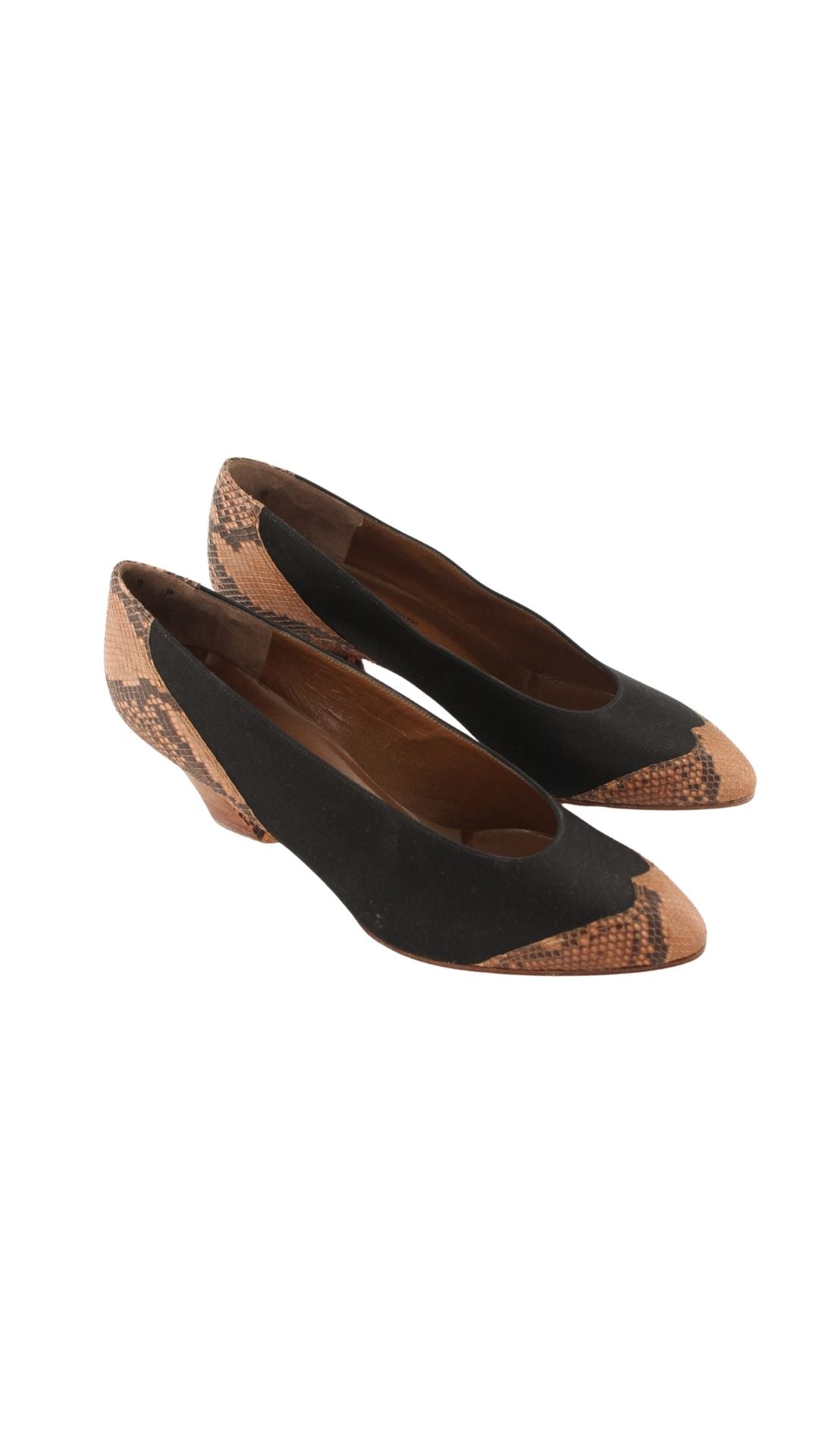 Charles Jourdan <br> 1980's deadstock satin & snakeskin sculptural heel pumps