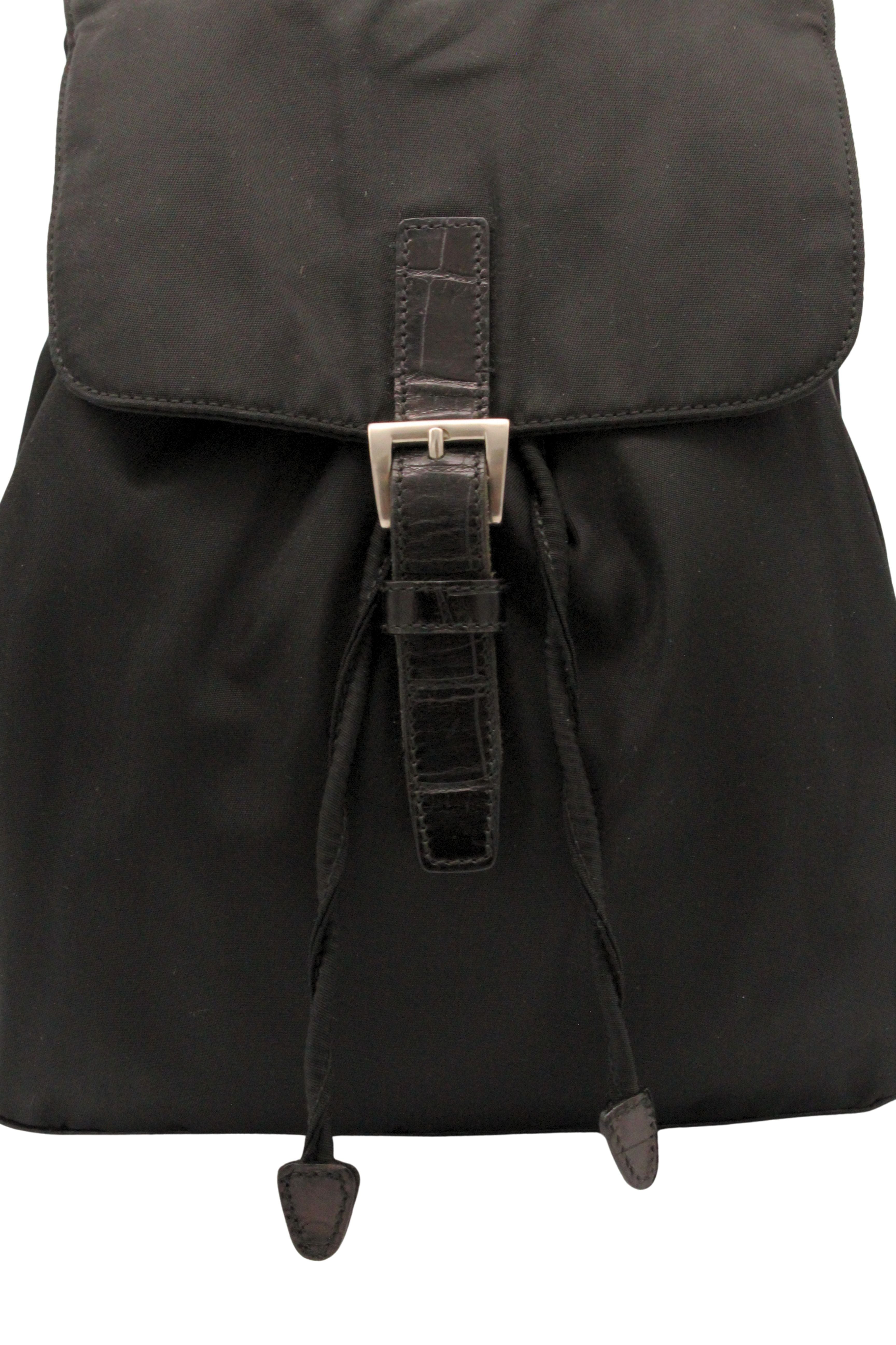 Prada <br> 90's nylon & croc embossed leather logo backpack