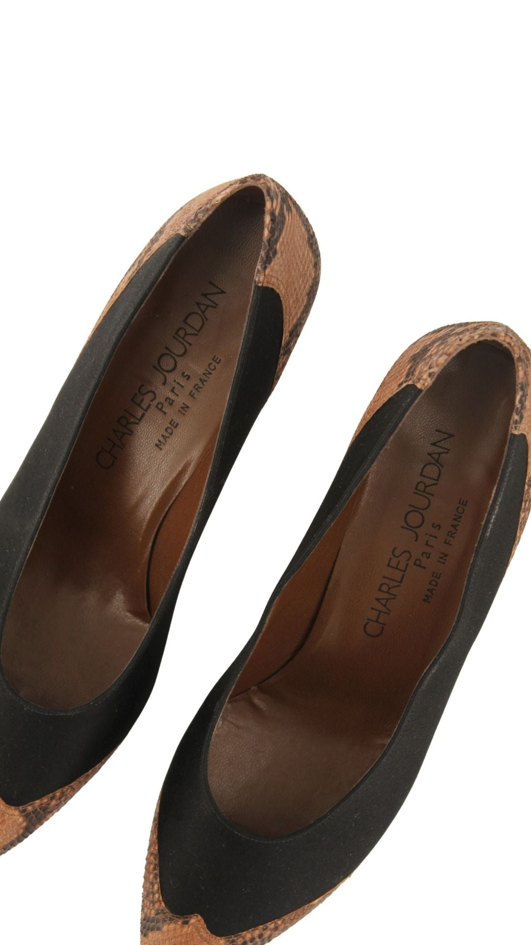 Charles Jourdan <br> 1980's deadstock satin & snakeskin sculptural heel pumps