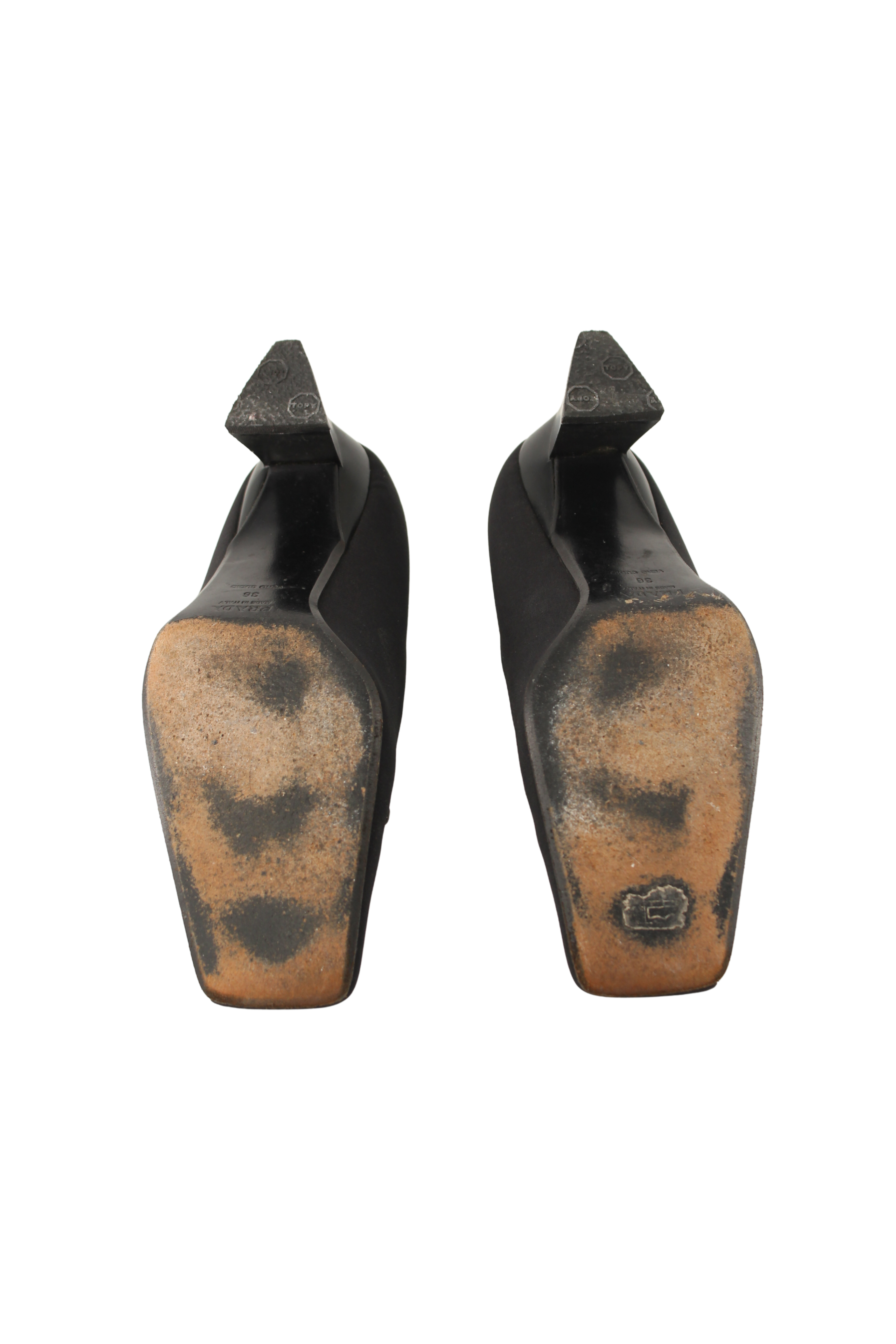 Prada <br> 90's square toe logo sculptural heel pumps
