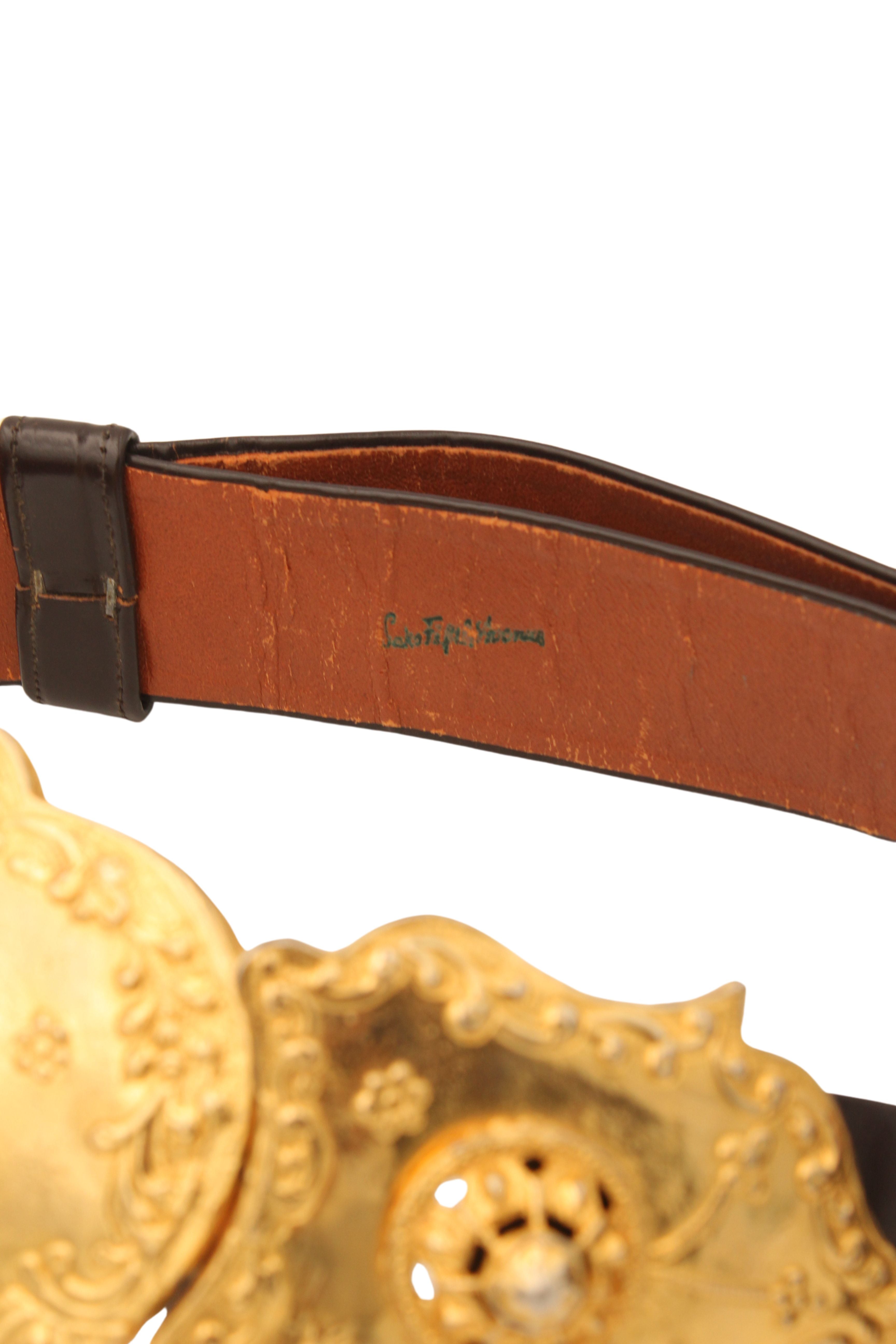 Alexis Kirk <br> 70's massive Etruscan gold plated buckle leather belt