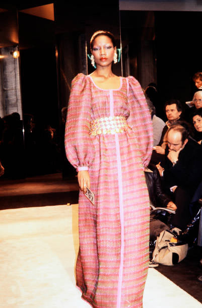 Givenchy <br> S/S 1977 Haute Couture silk chiffon print gown with gold coins