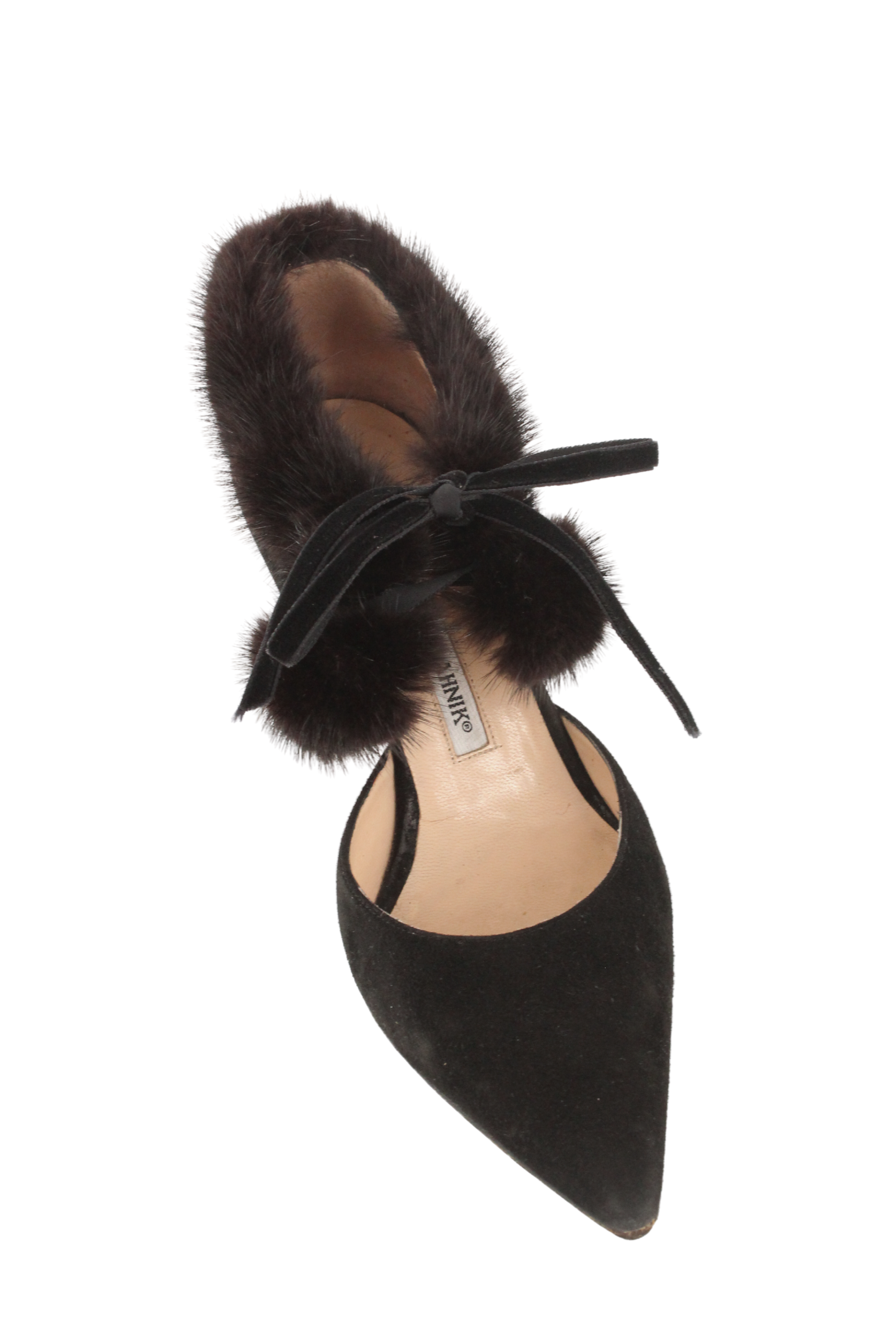 Manolo Blahnik <br> 90's mink fur trim suede kitten heel pumps