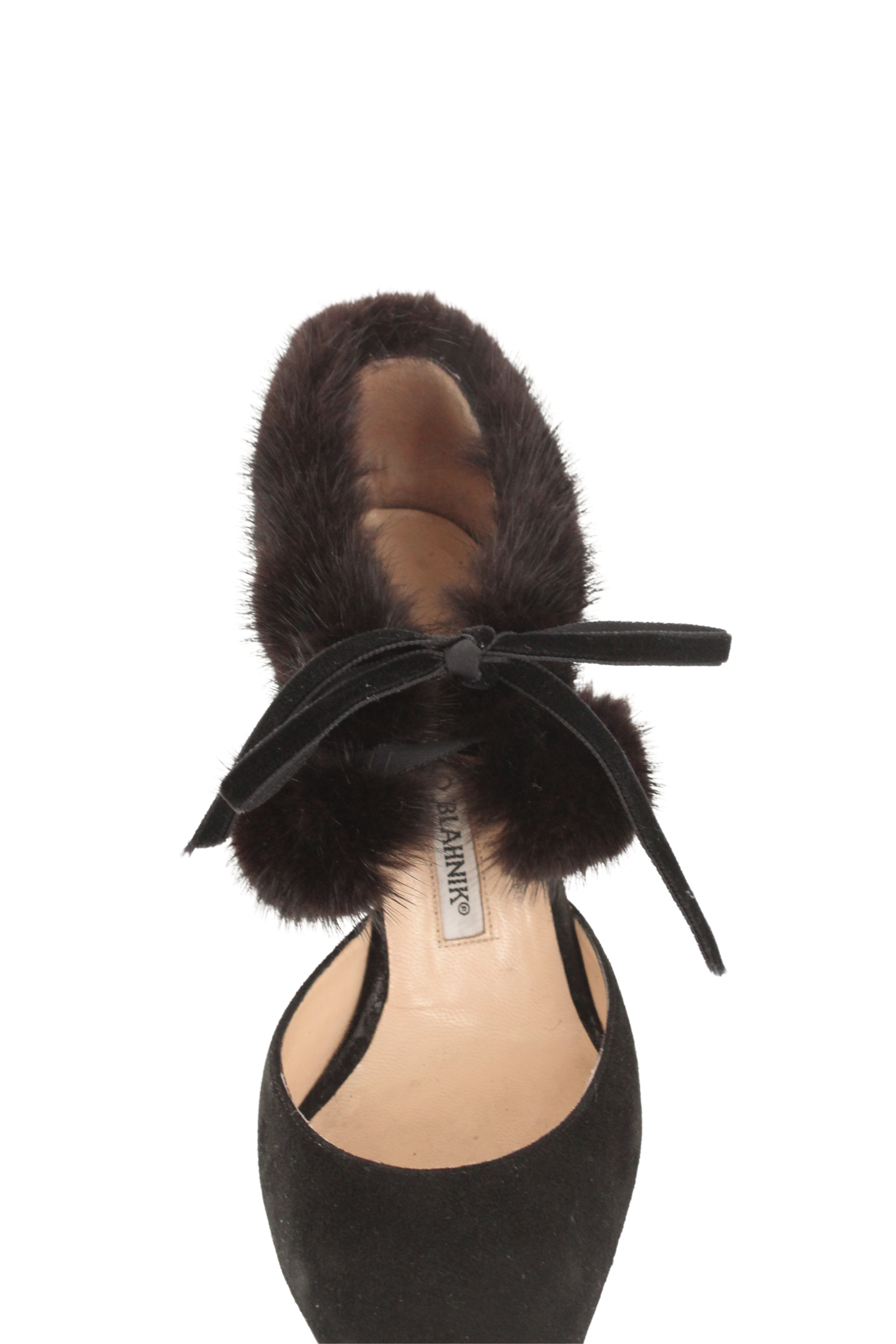 Manolo Blahnik <br> 90's mink fur trim suede kitten heel pumps