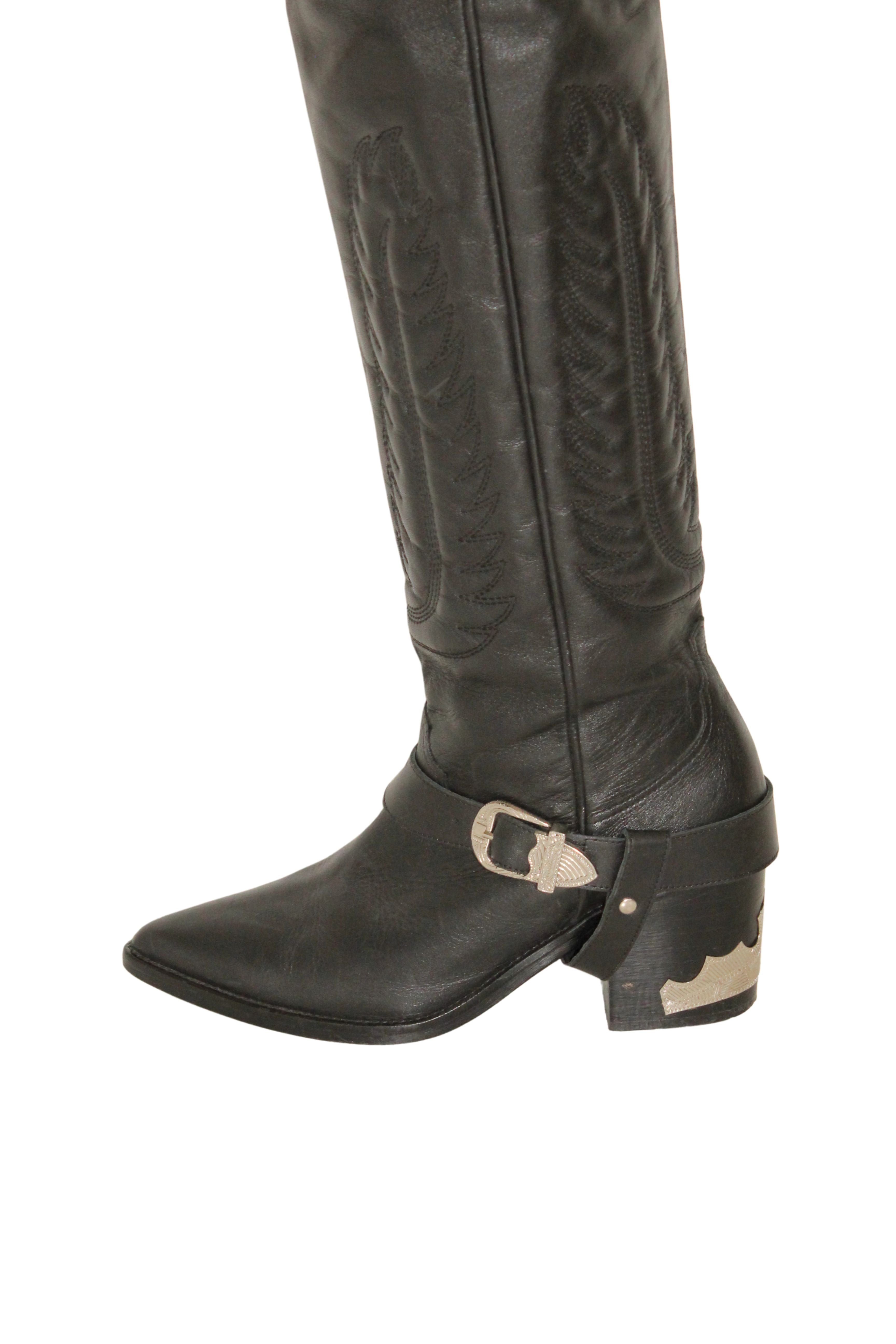 Toga Pulla <br> Thigh high leather cowboy boots with silver hardware