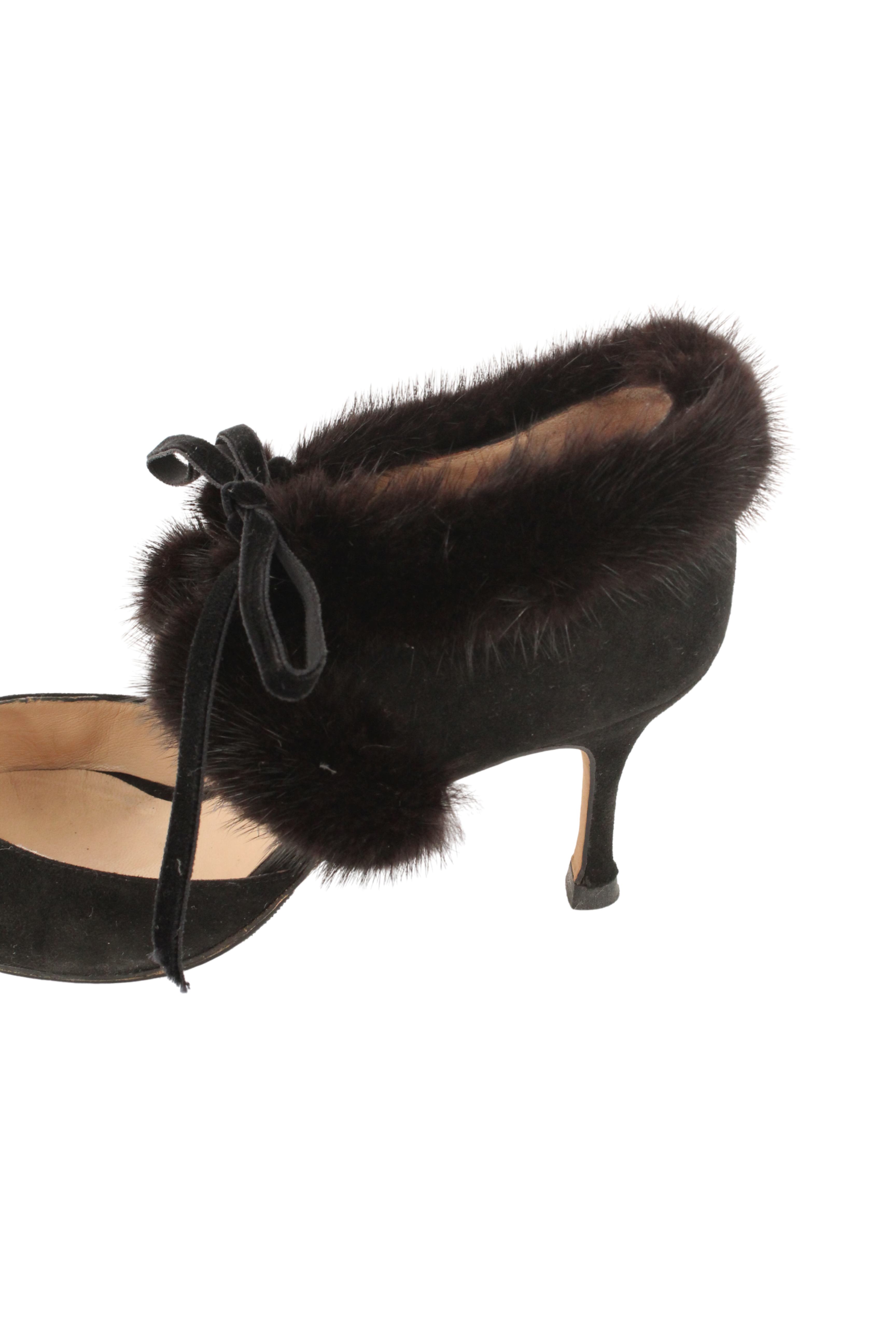 Manolo Blahnik <br> 90's mink fur trim suede kitten heel pumps