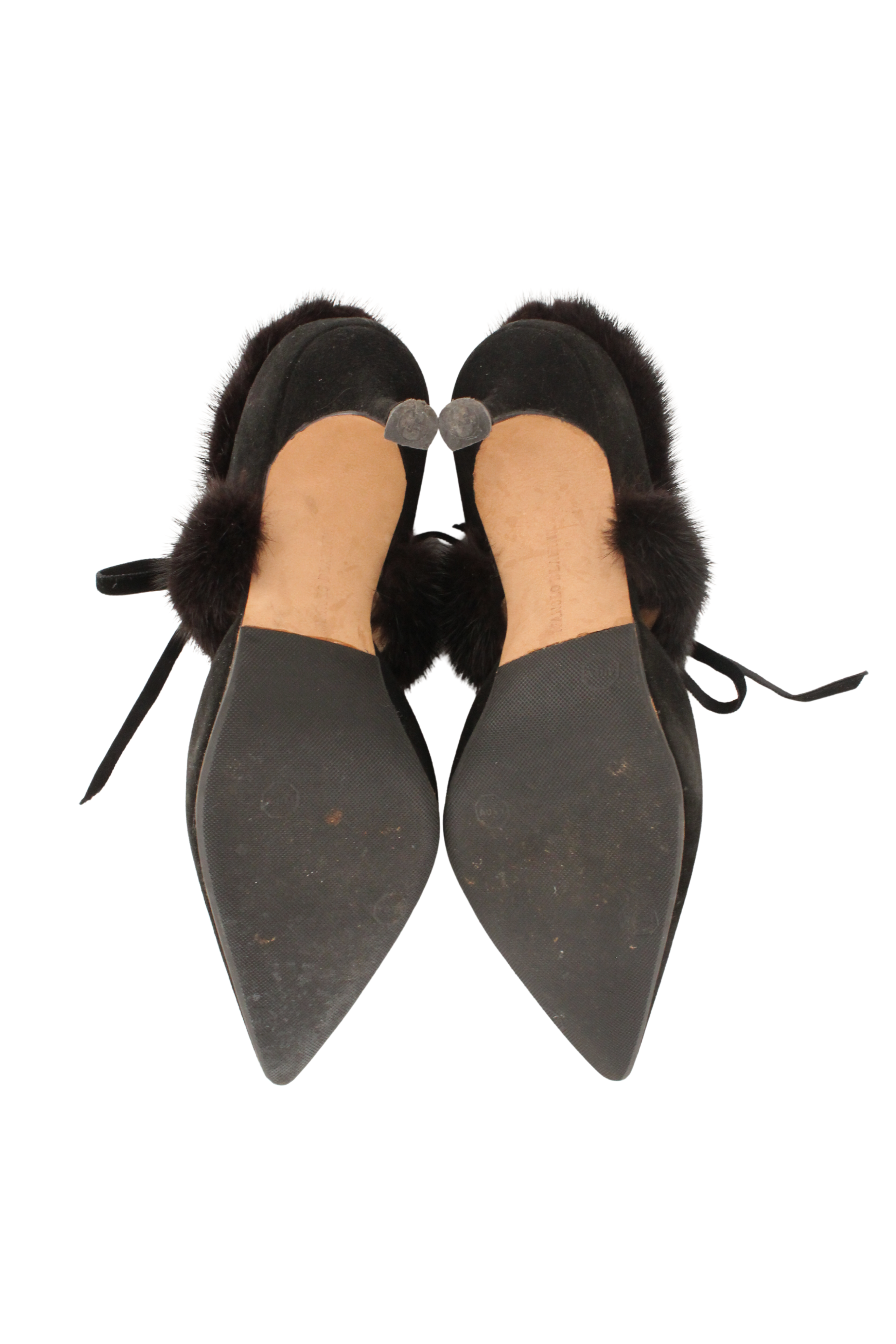 Manolo Blahnik <br> 90's mink fur trim suede kitten heel pumps