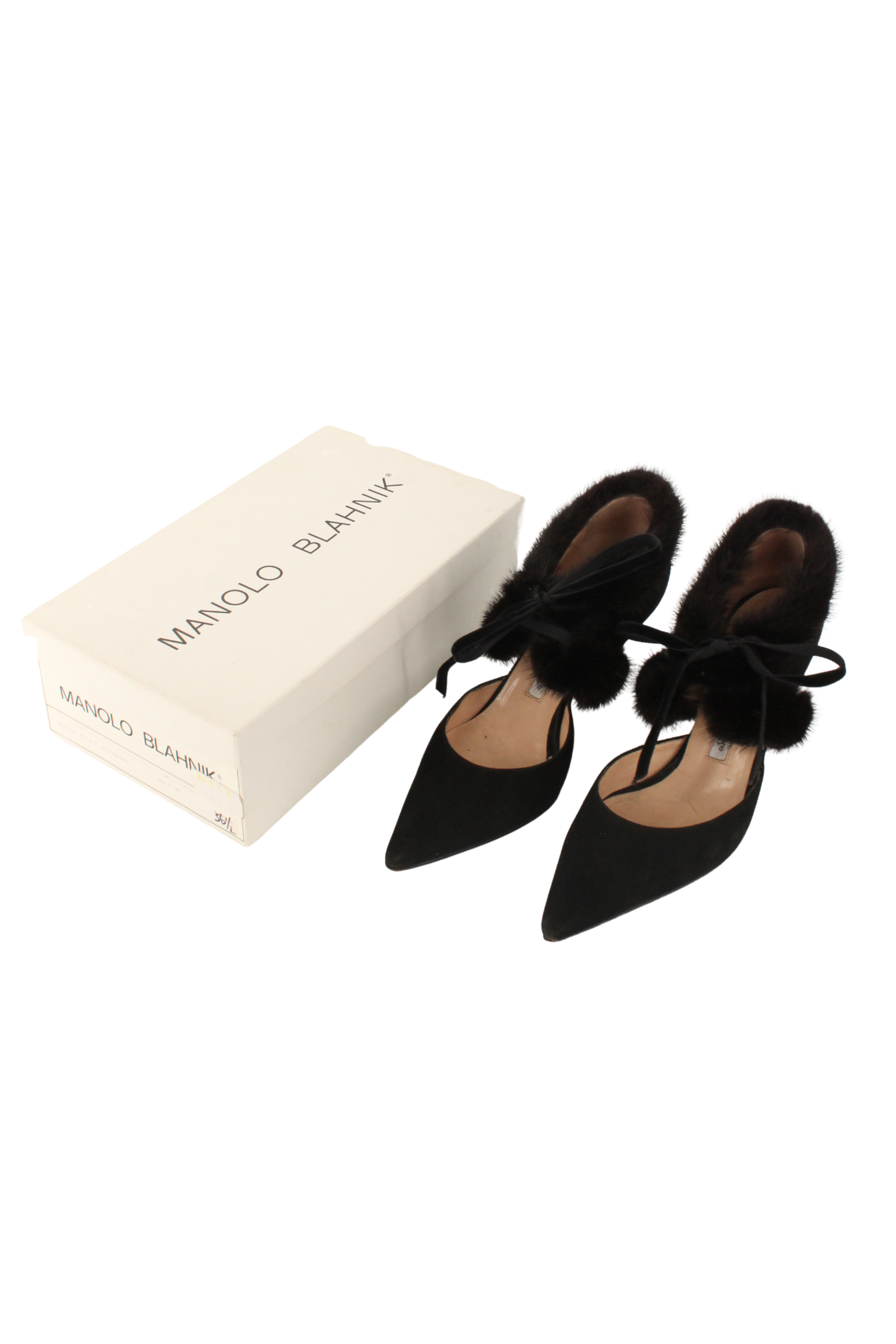 Manolo Blahnik <br> 90's mink fur trim suede kitten heel pumps