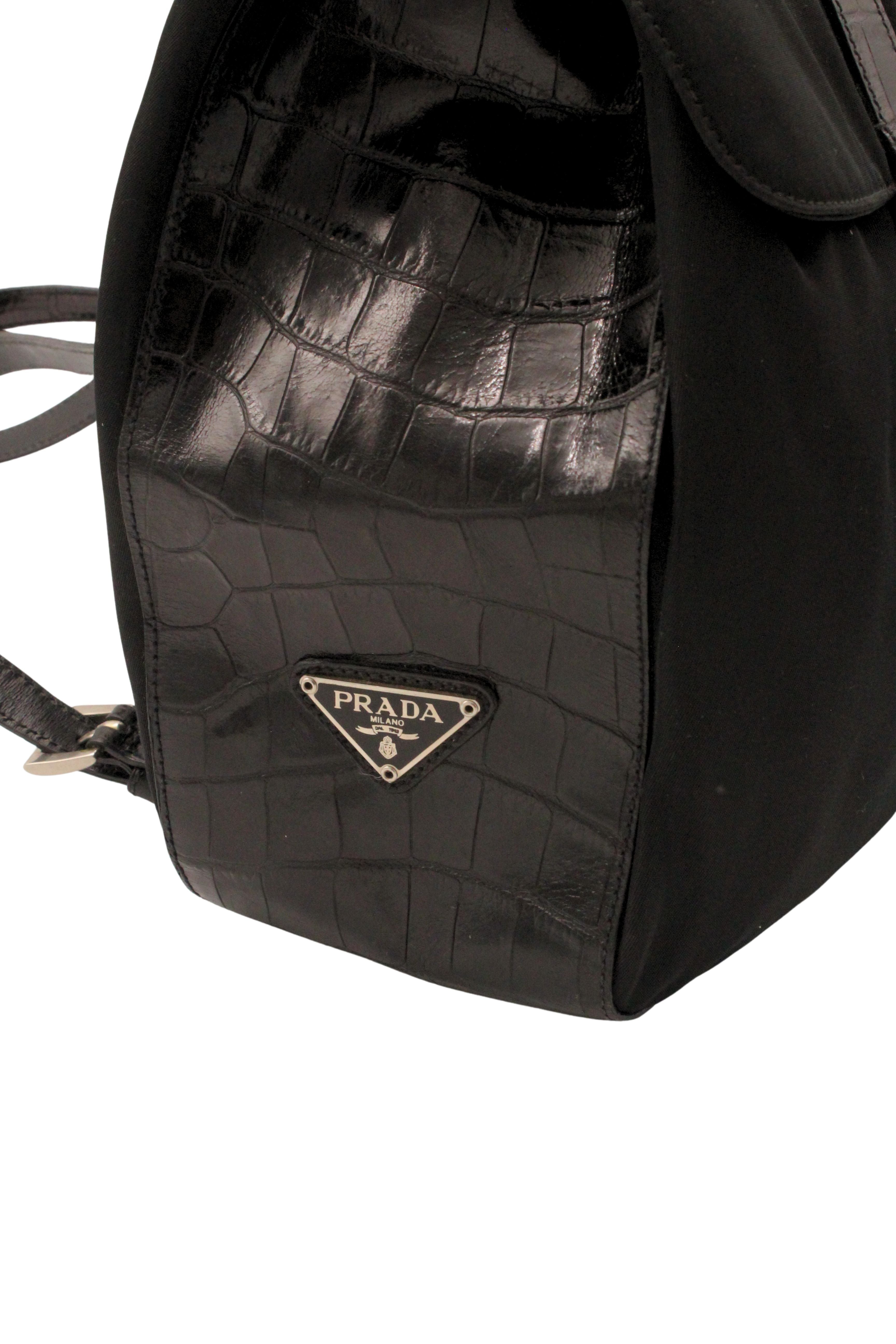 Prada <br> 90's nylon & croc embossed leather logo backpack