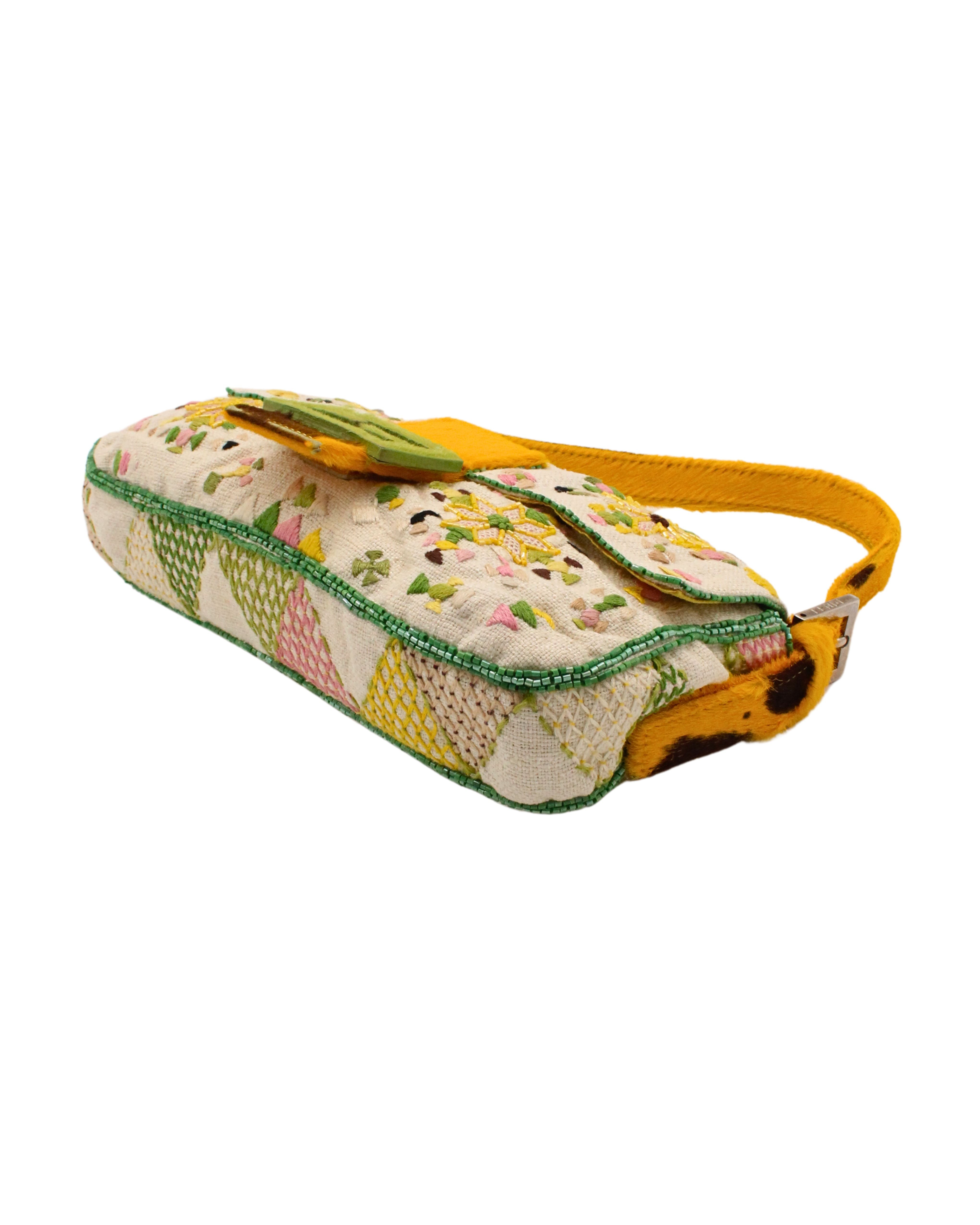 Fendi <br> 90's floral embroidered & beaded pony hair trim baguette bag