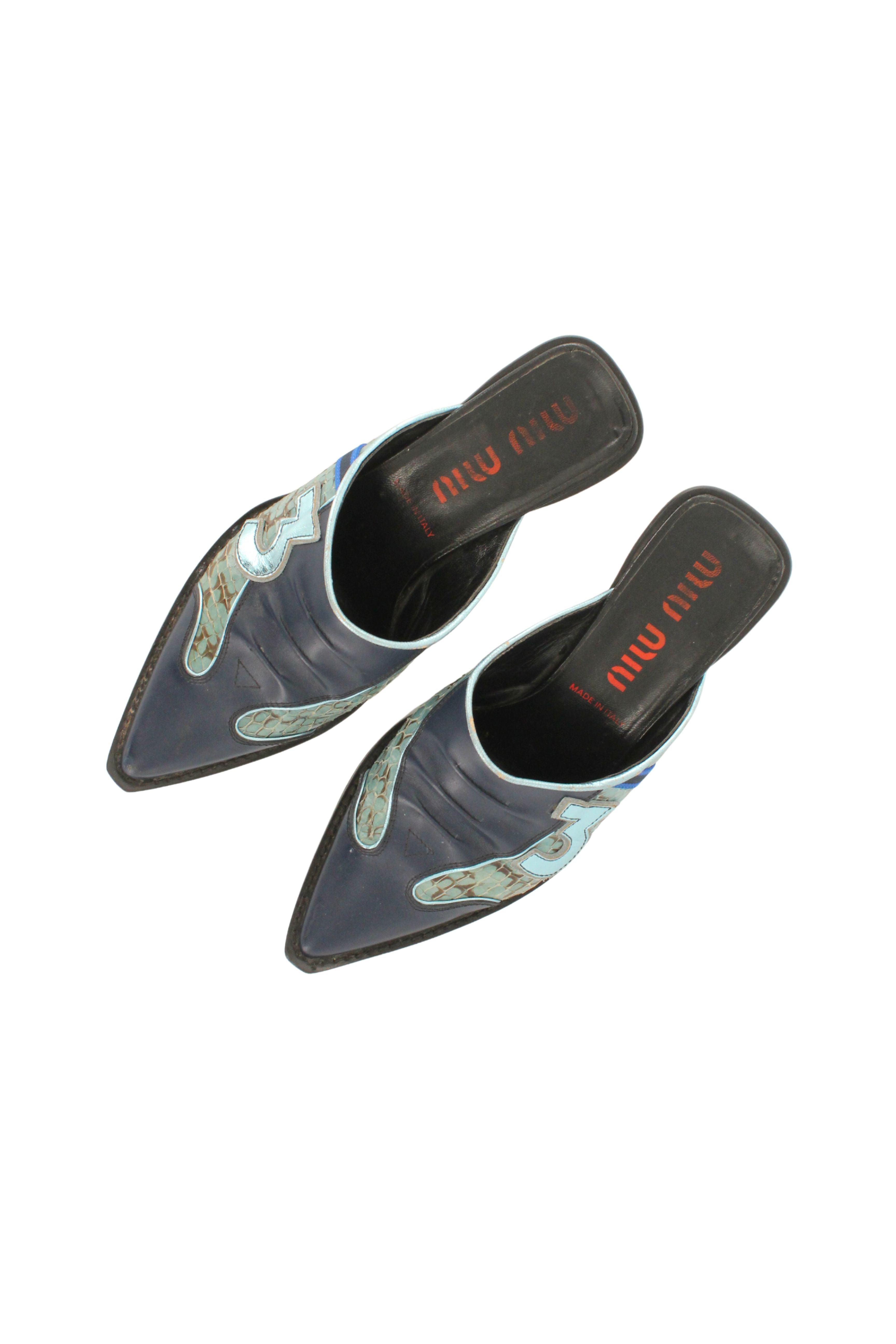 Miu Miu <br> S/S 1999 leather & snakeskin pointy toe mules