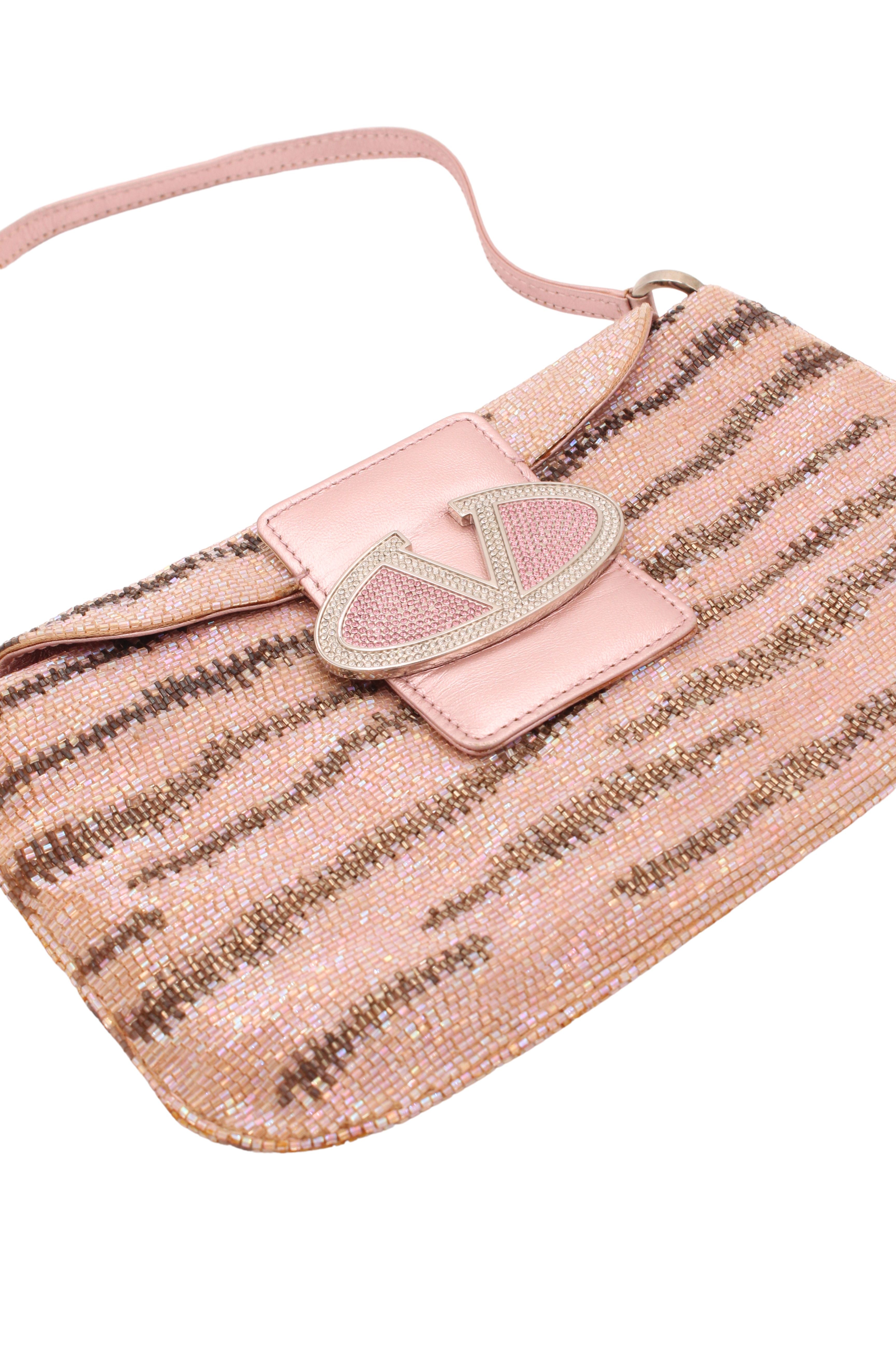 Valentino <br> Y2K crystal logo beaded metallic leather baguette bag