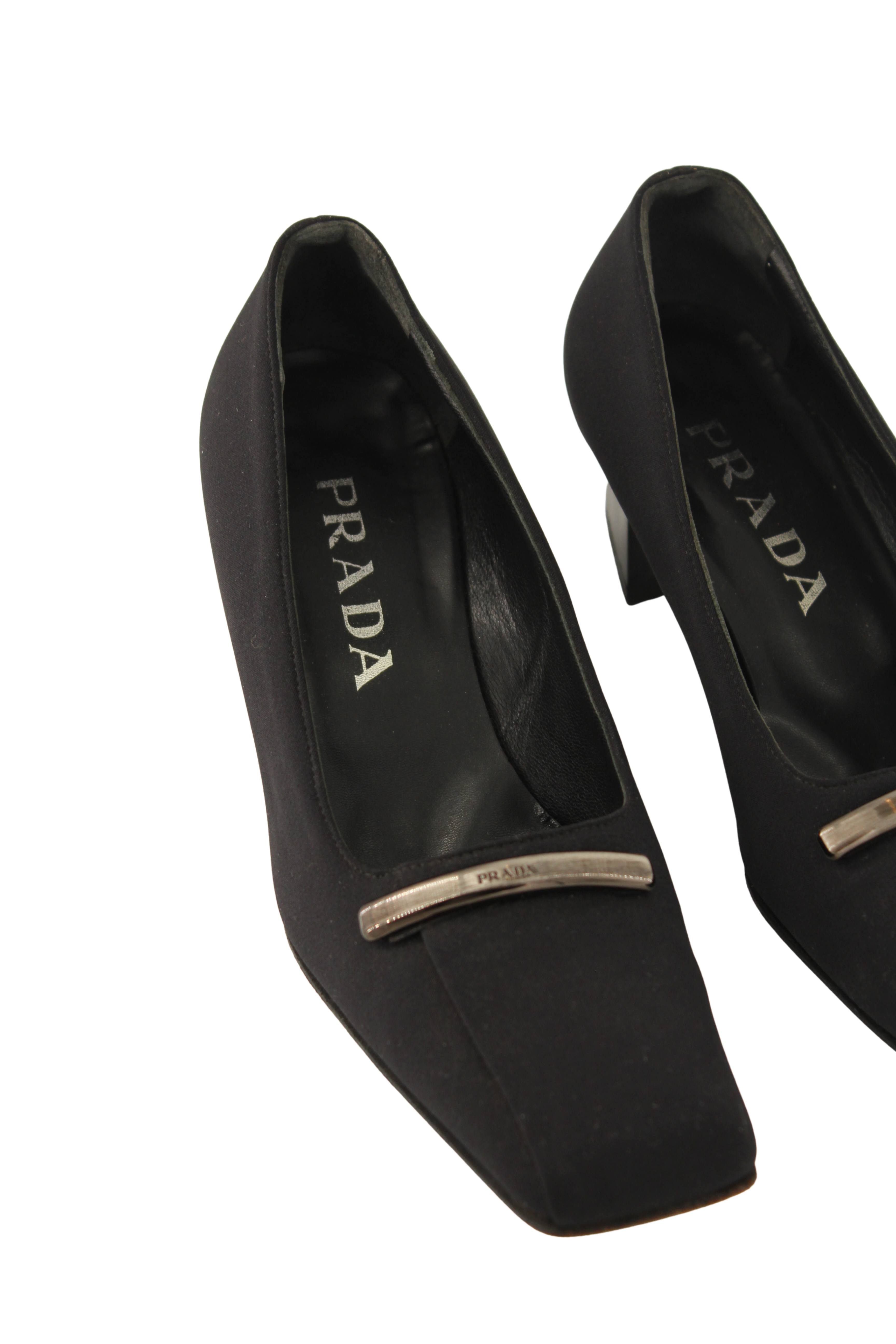 Prada <br> 90's square toe logo sculptural heel pumps