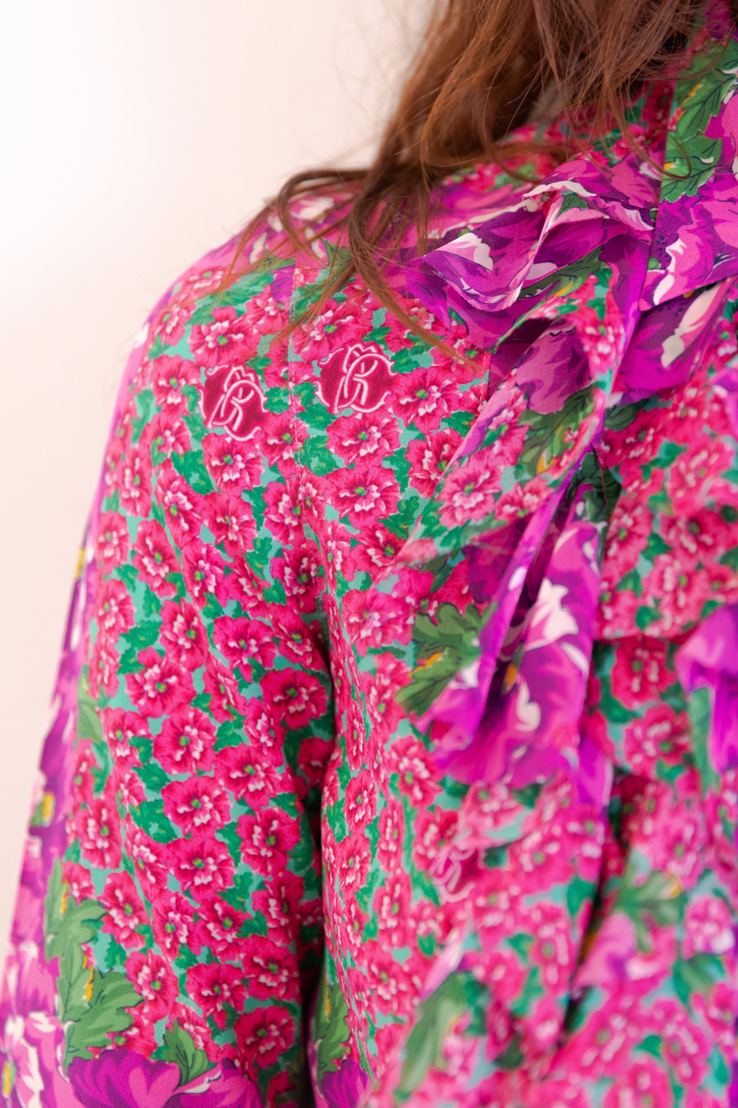 Roberto Cavalli <br> Y2K neon floral print silk ruffle shirt