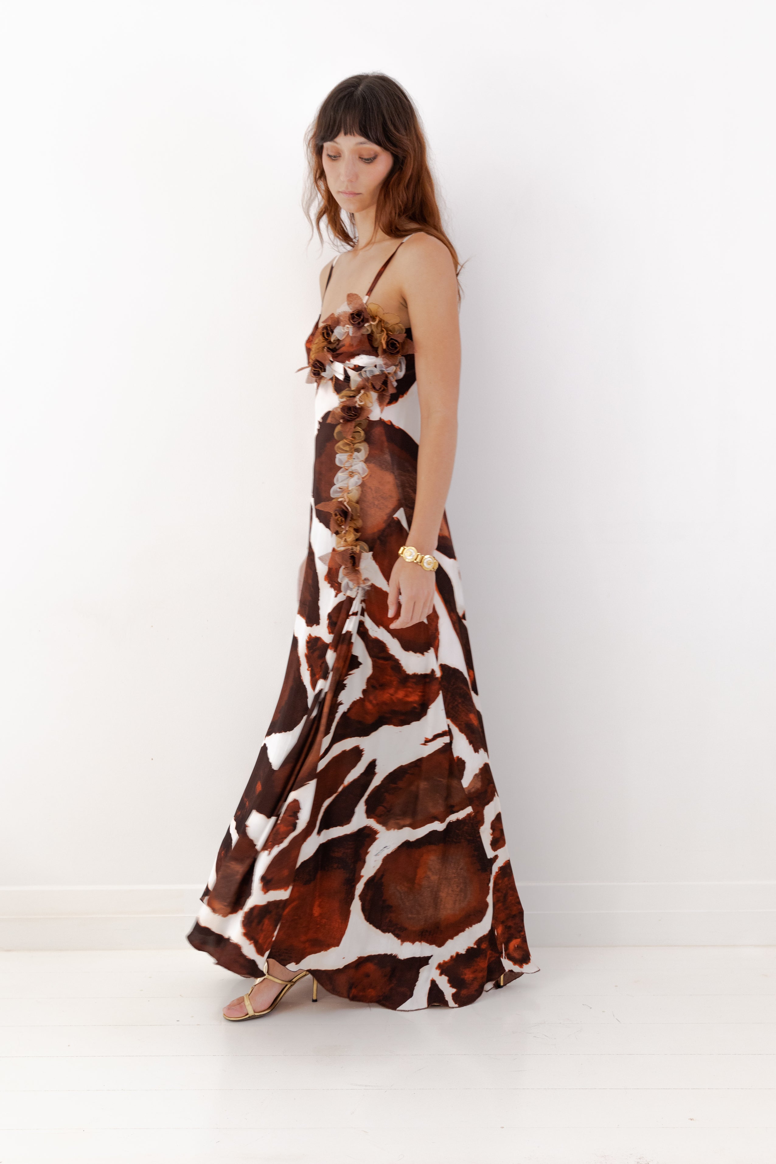 Roberto Cavalli <br> S/S 2006 giraffe print silk gown with 3D floral appliqués