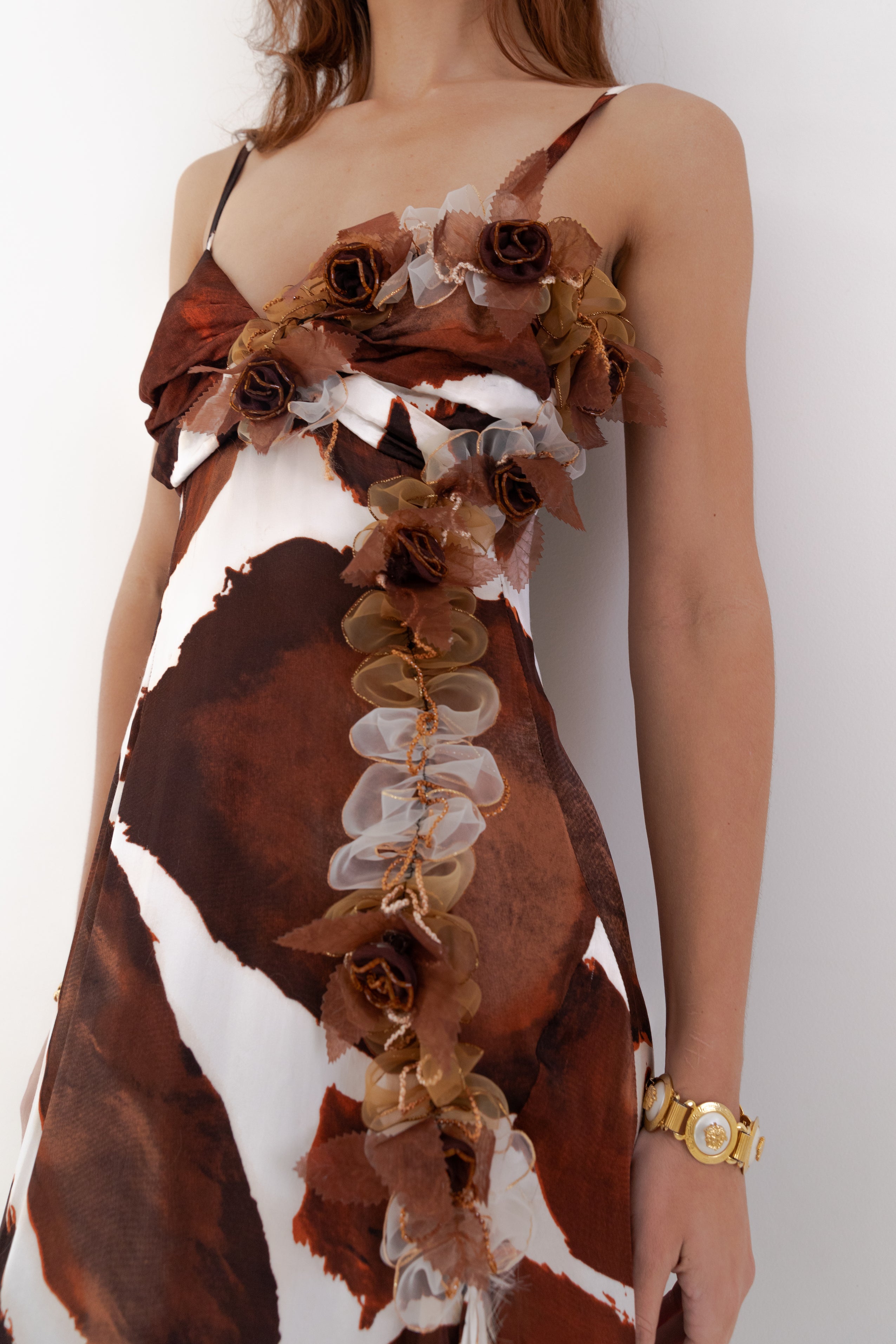 Roberto Cavalli <br> S/S 2006 giraffe print silk gown with 3D floral appliqués