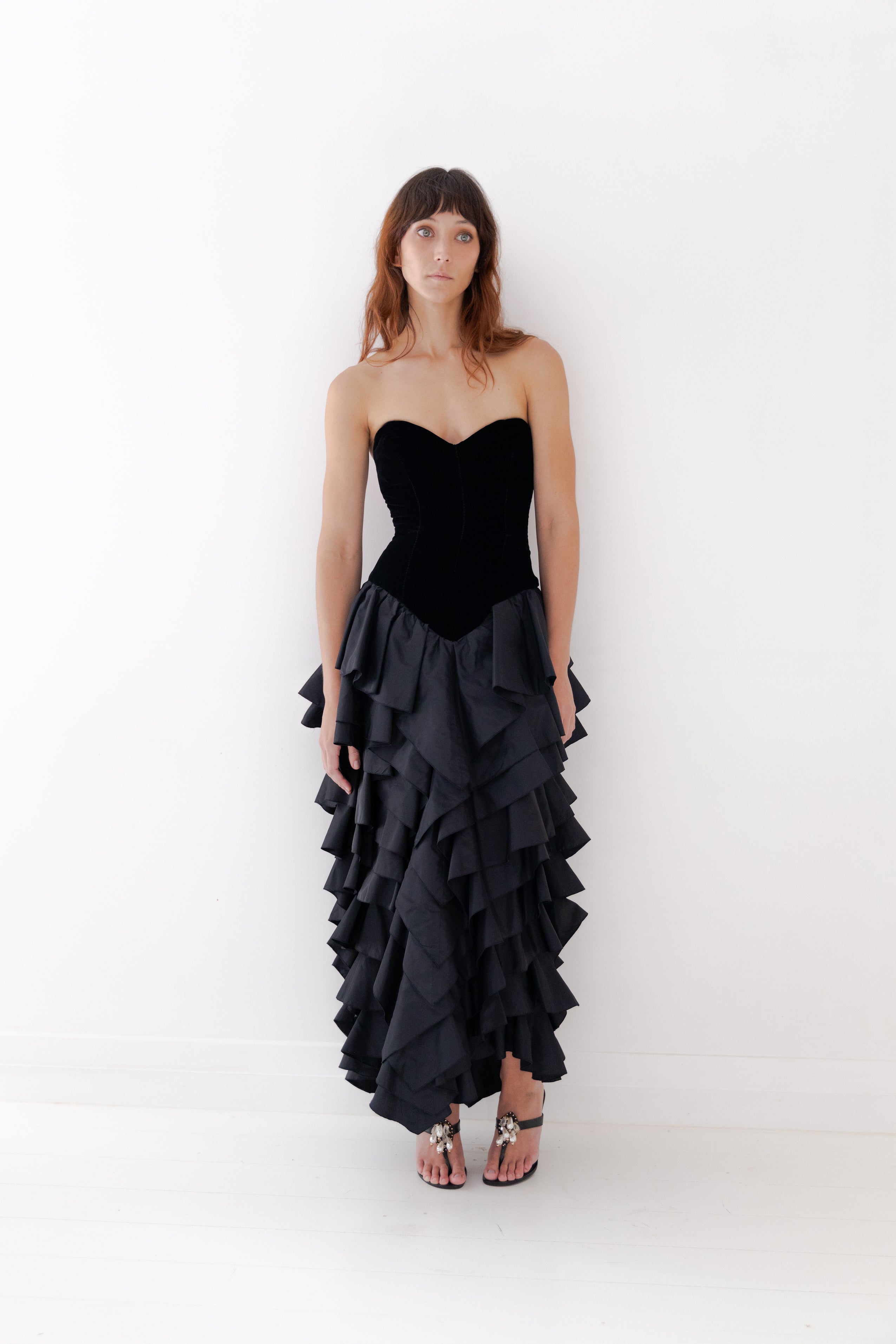 Loris Azzaro <br> 80's strapless velvet & taffeta ruffle skirt gown