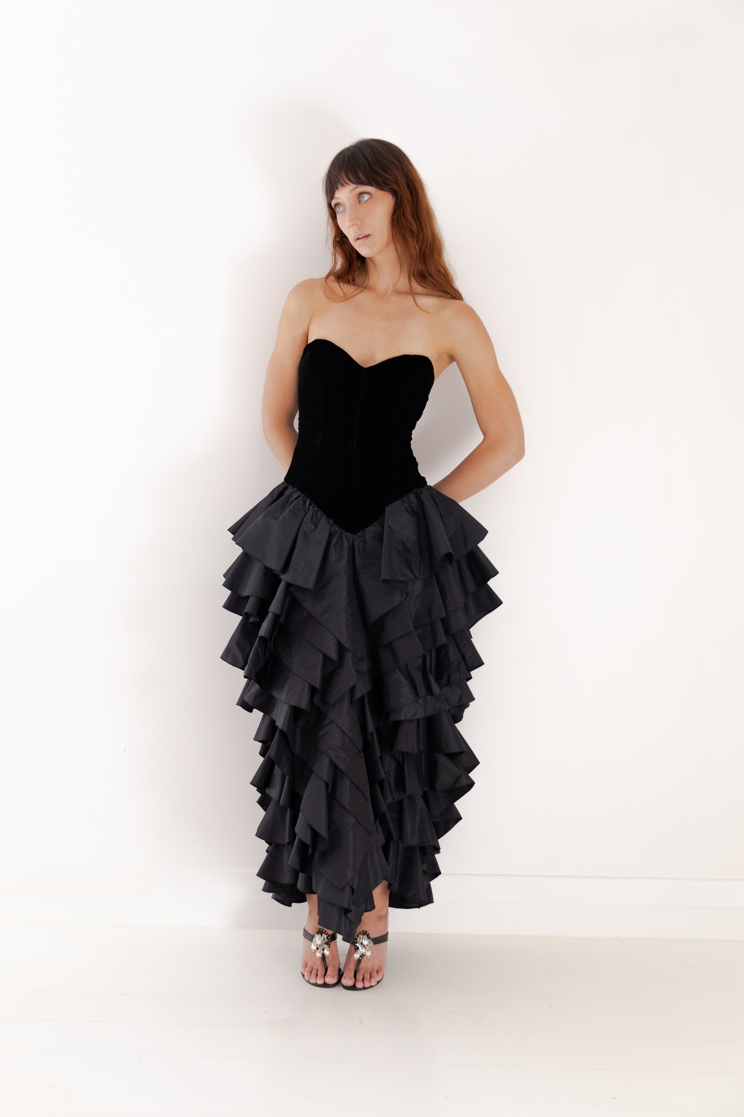 Loris Azzaro <br> 80's strapless velvet & taffeta ruffle skirt gown