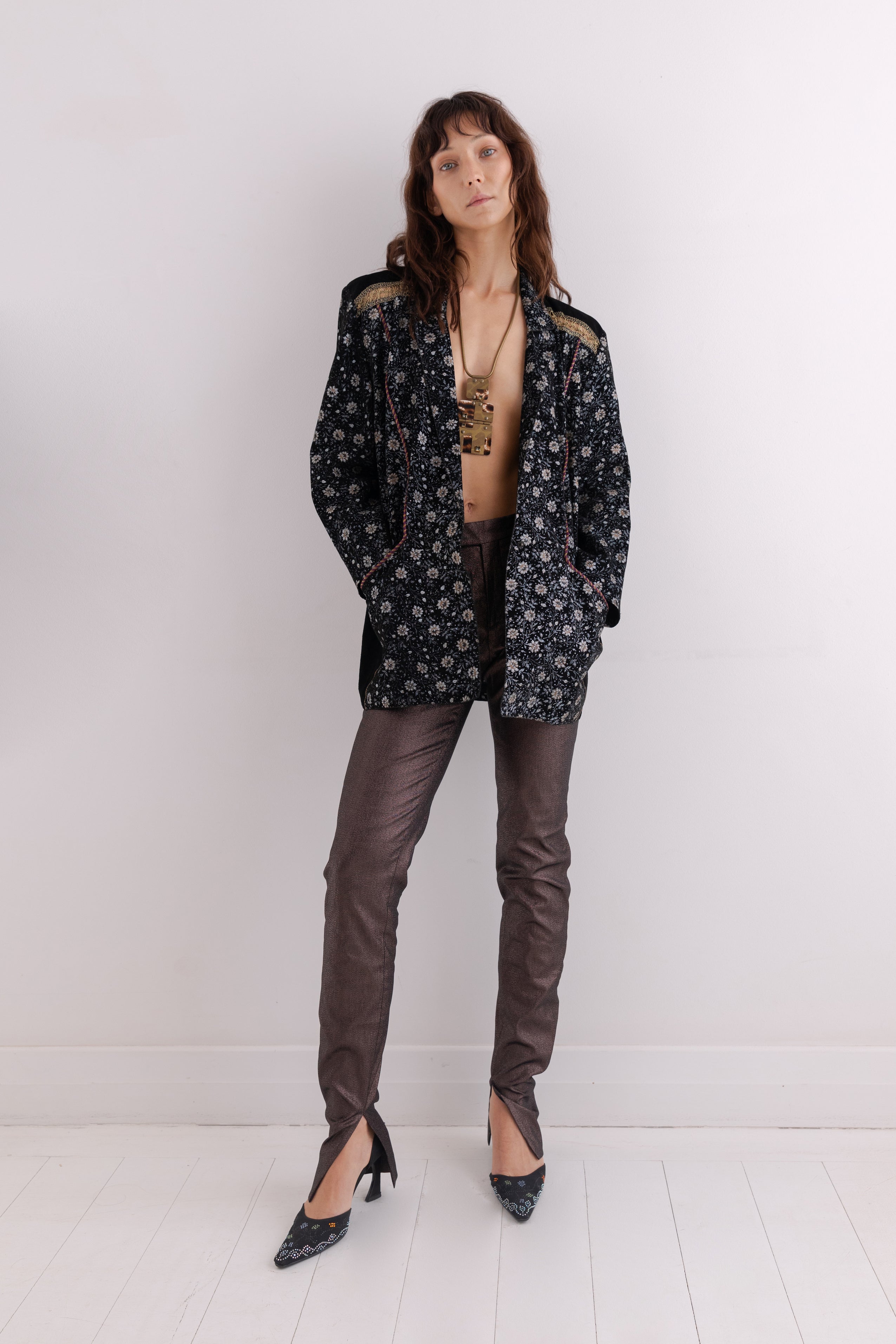 Roberto Cavalli <br> 70's suede patchwork & leather printed coat