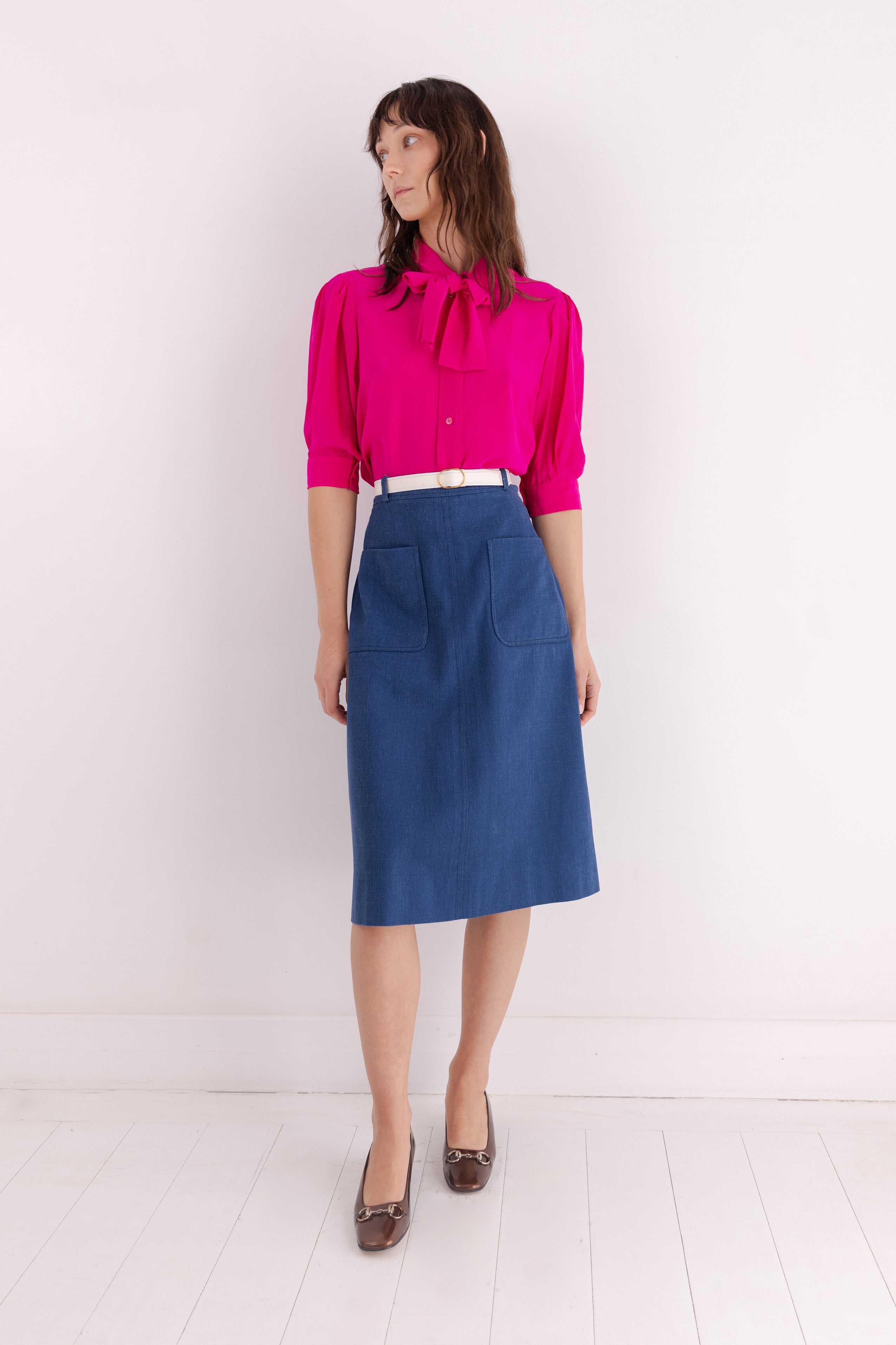 Celine <br> 70's indigo denim A-line skirt with detachable Triomphe belt