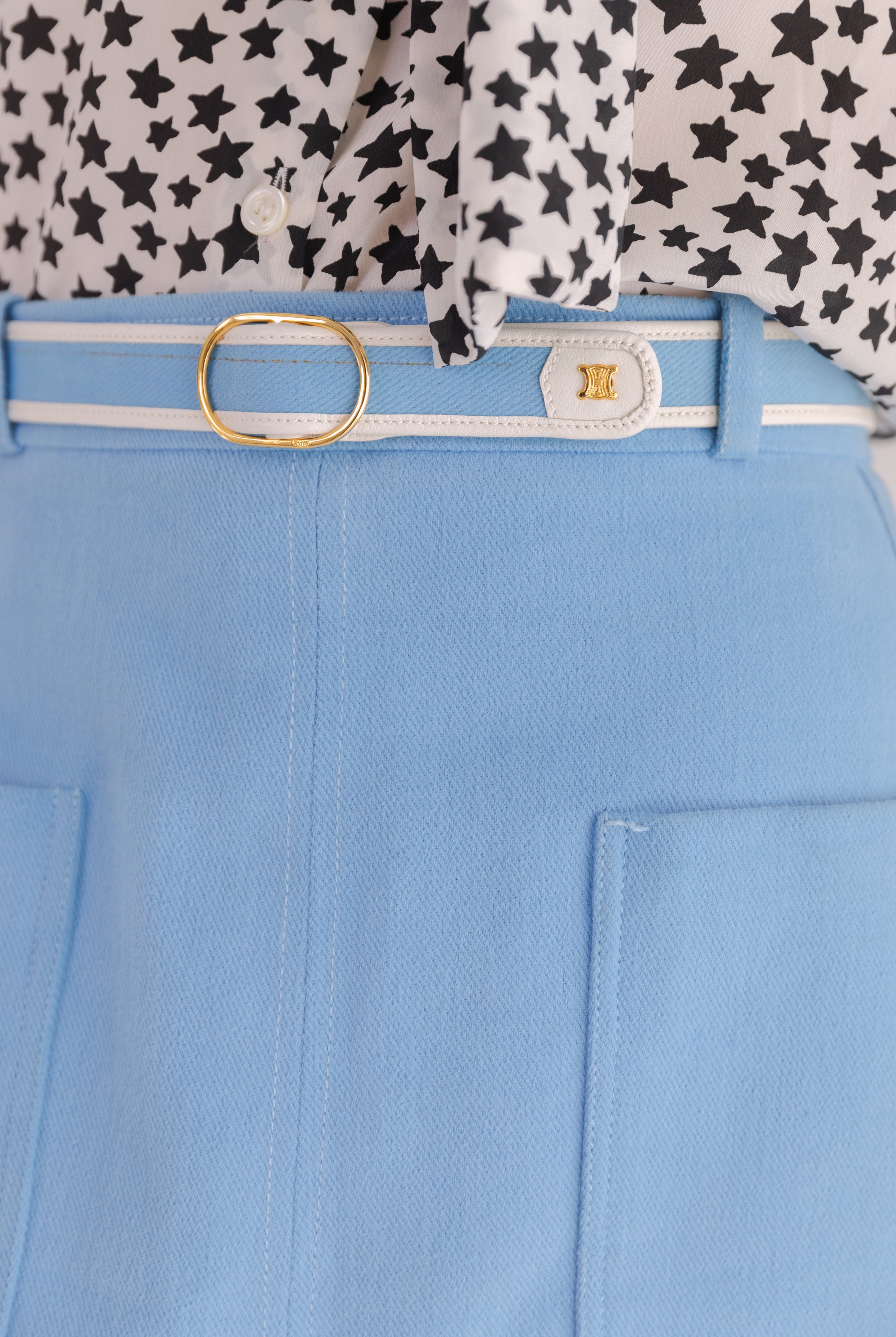 Celine <br> 70's baby blue denim A-line skirt with detachable Triomphe belt