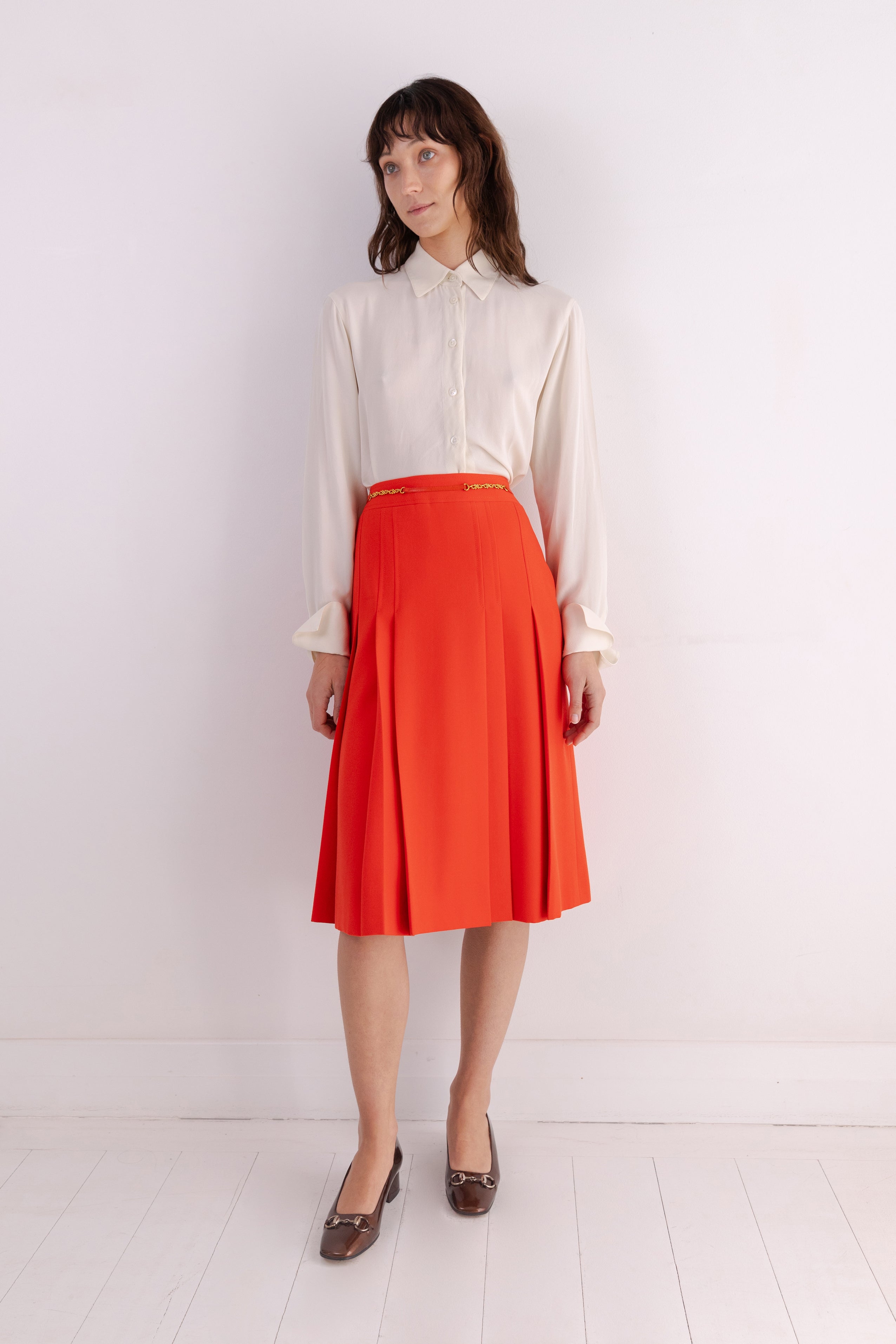 Celine <br> 70's wool pleated skirt with gold chain detail