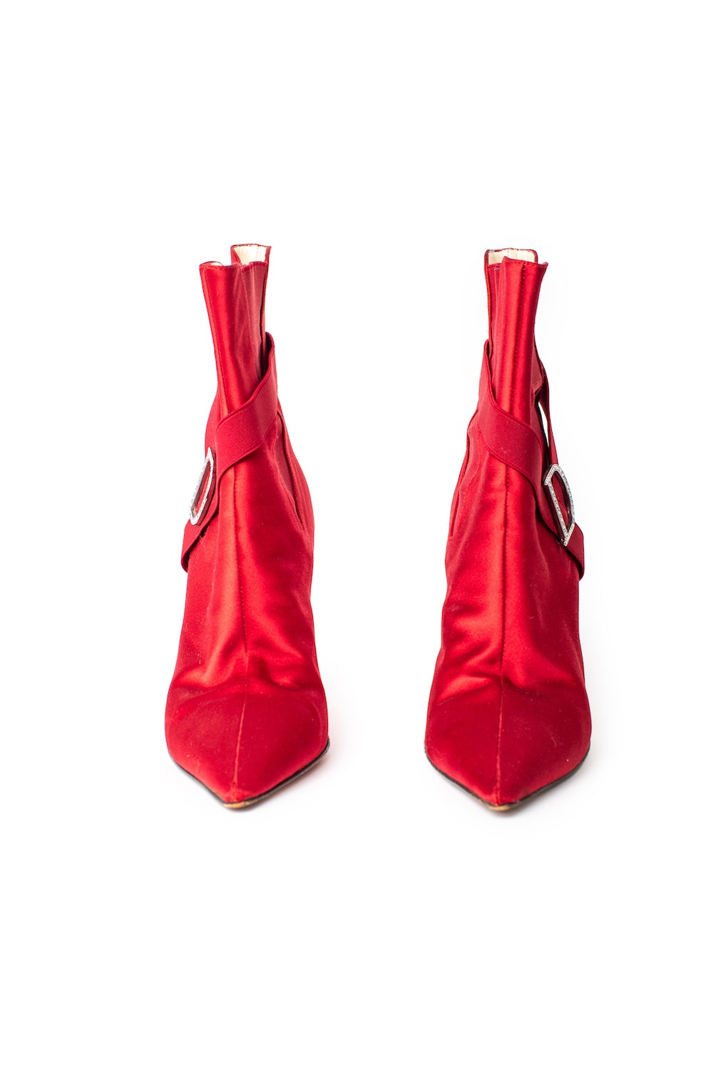 Christian Dior <br> c2003 John Galliano red satin boots with crystal logos