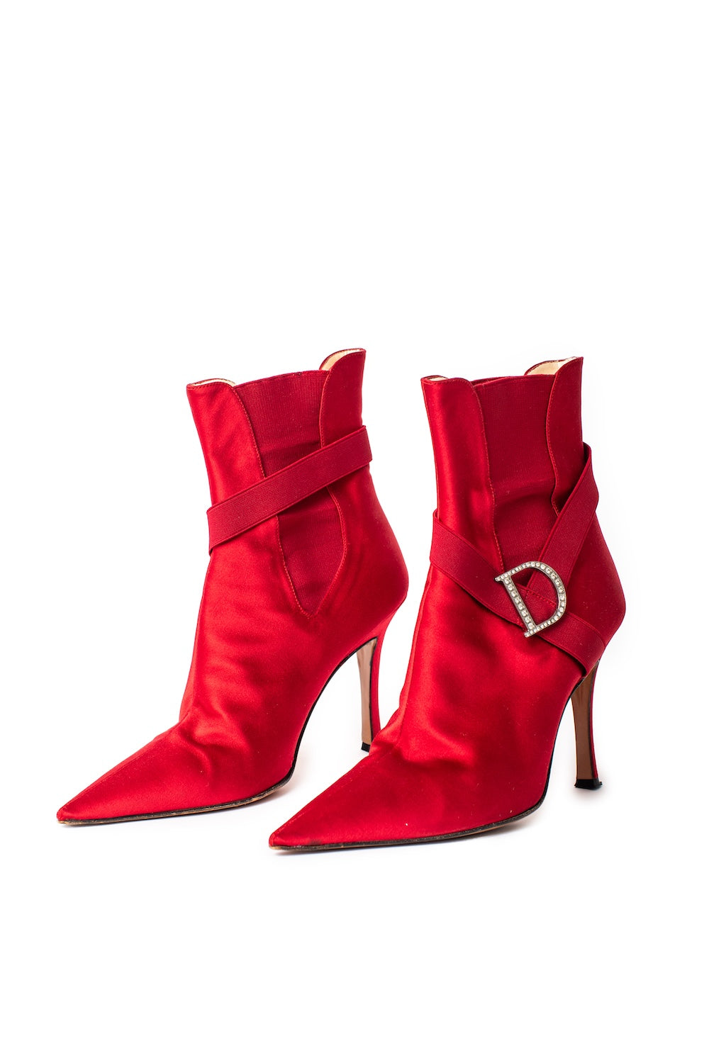 Christian Dior <br> c2003 John Galliano red satin boots with crystal logos