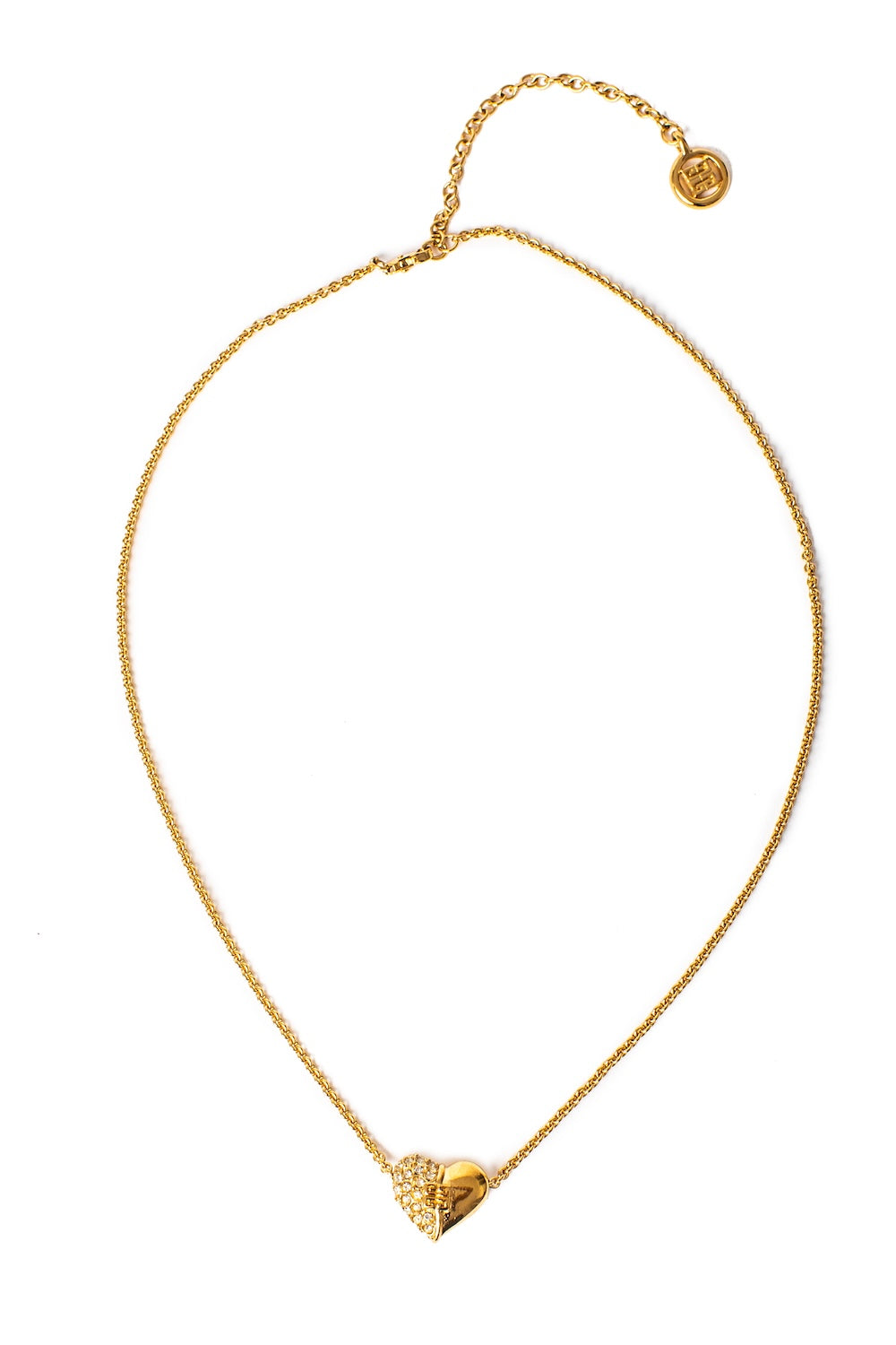Givenchy <br> 80's logo crystal studded heart gold chain necklace