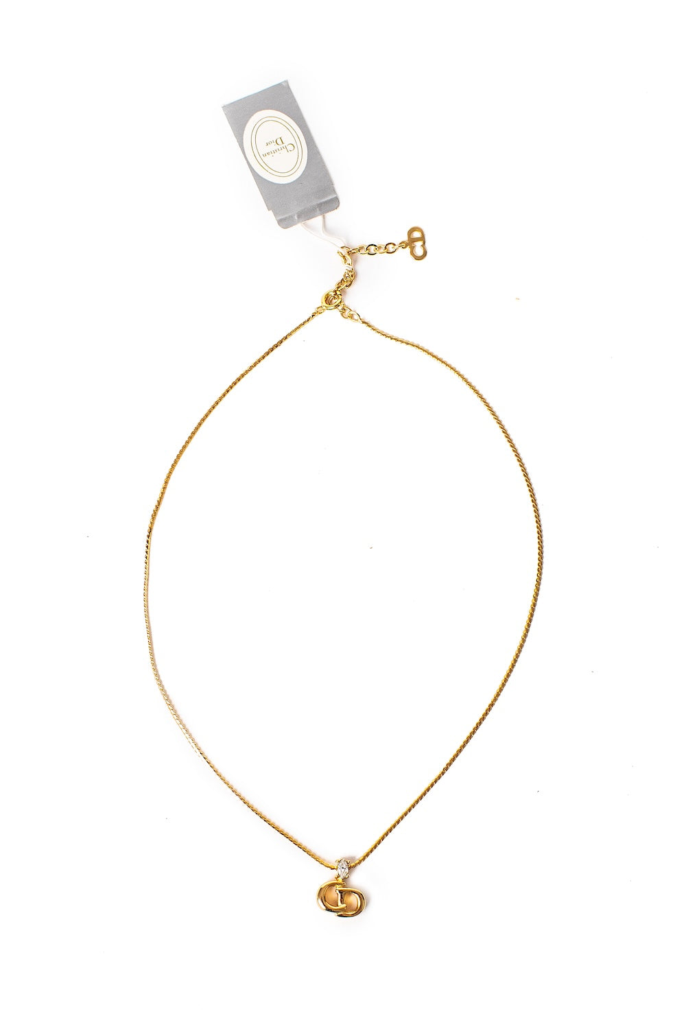 Christian Dior <br> 90's gold & crystal logo pendant chain necklace