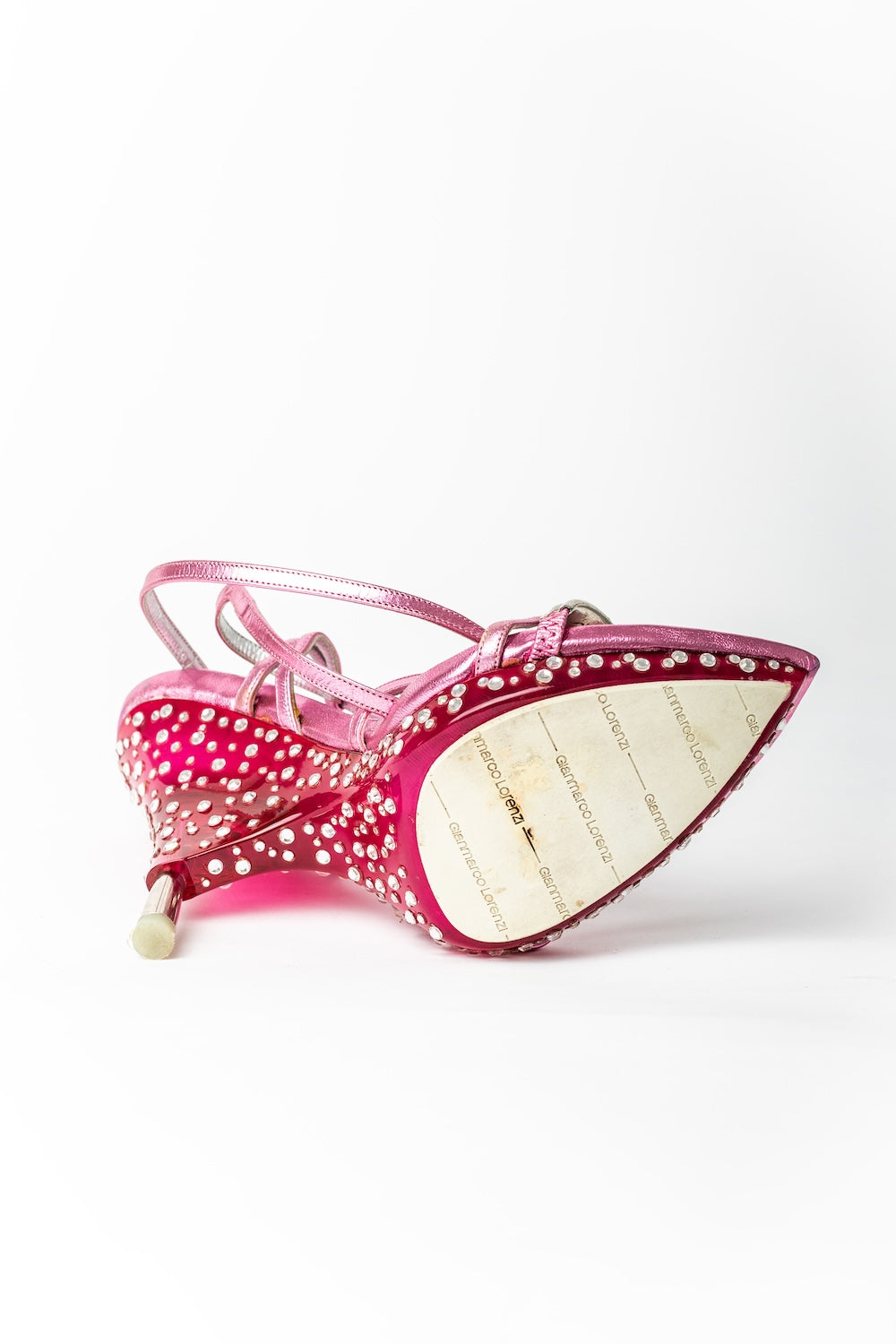 Gianmarco Lorenzi <br> Y2K pink lucite & metallic leather crystal studded heels