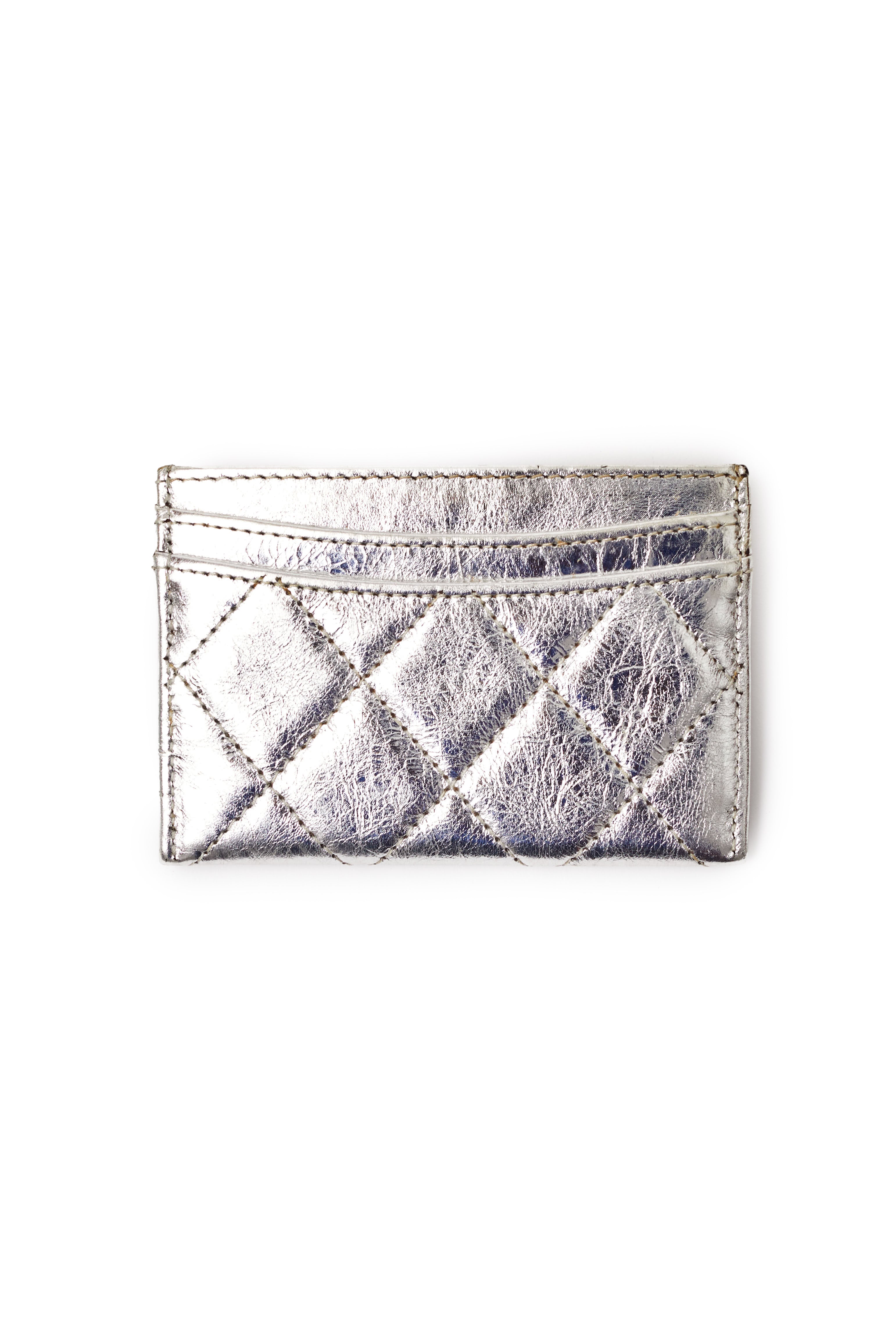 Chanel <br> c2007 2.55 silver metallic leather quilted cardholder