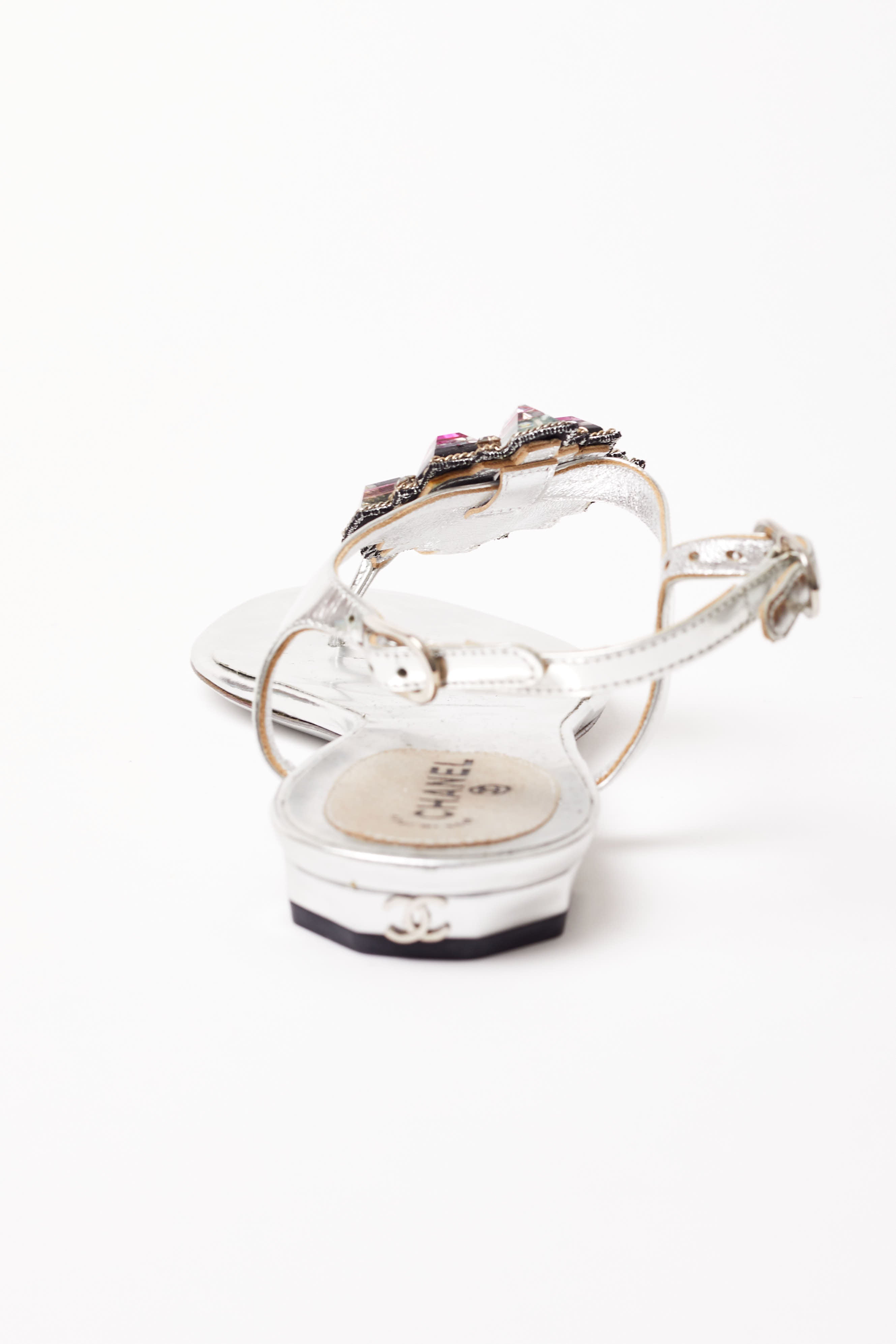 Chanel <br> c2010 jewelled metallic leather flat sandals