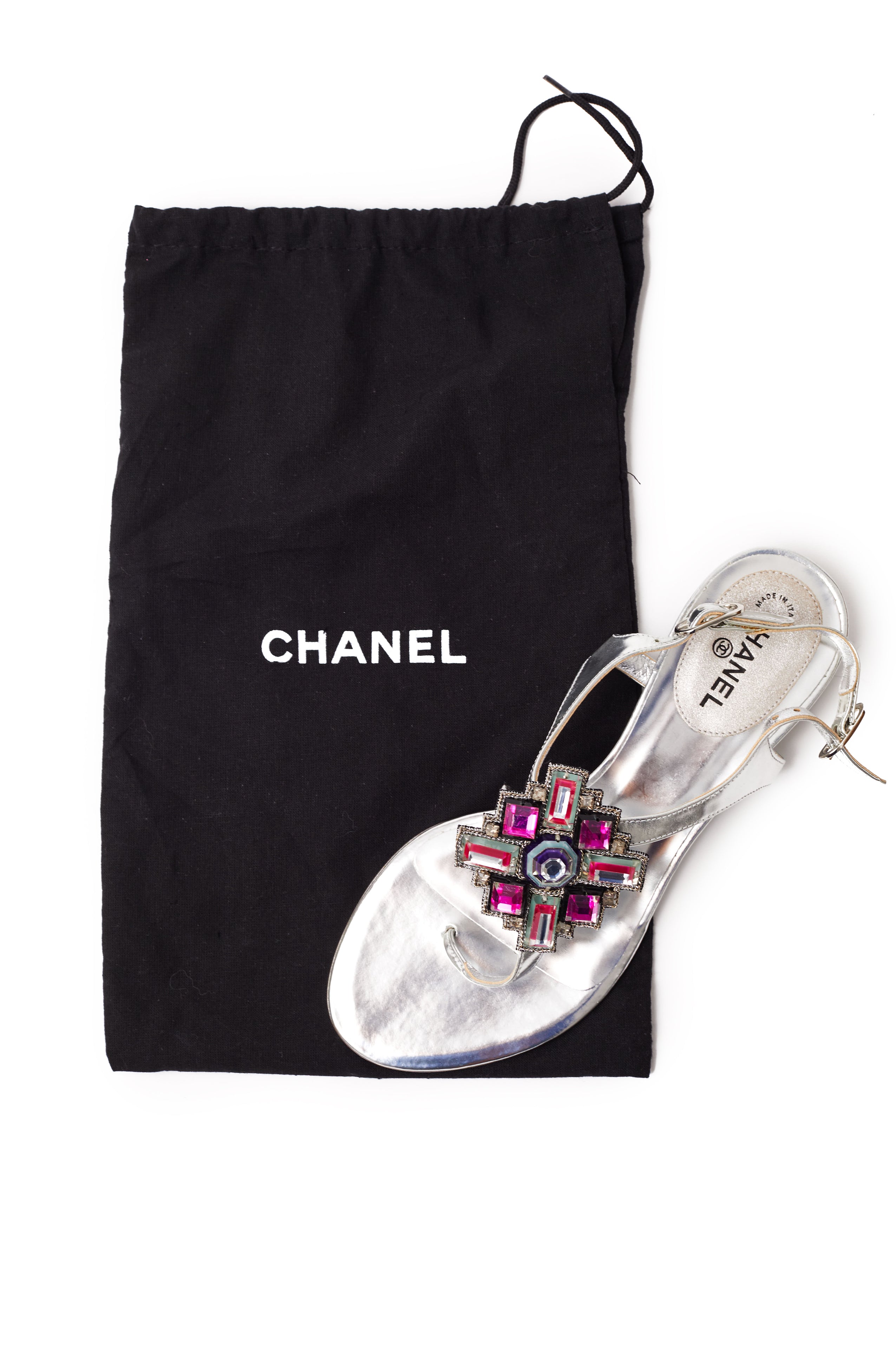Chanel <br> c2010 jewelled metallic leather flat sandals