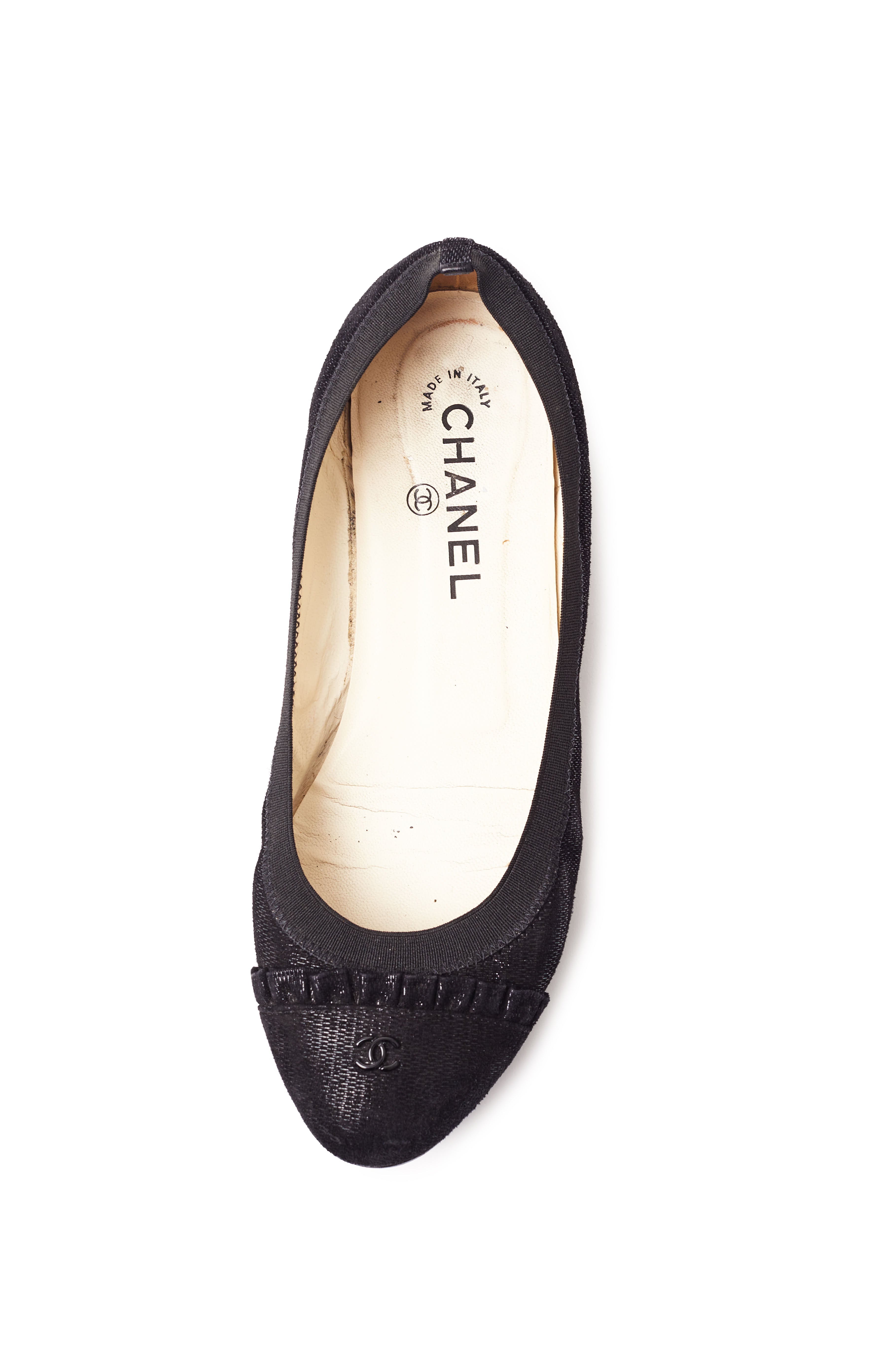 Chanel <br> Pre-Fall 2011 CC logo metallic suede elastic ballet flats