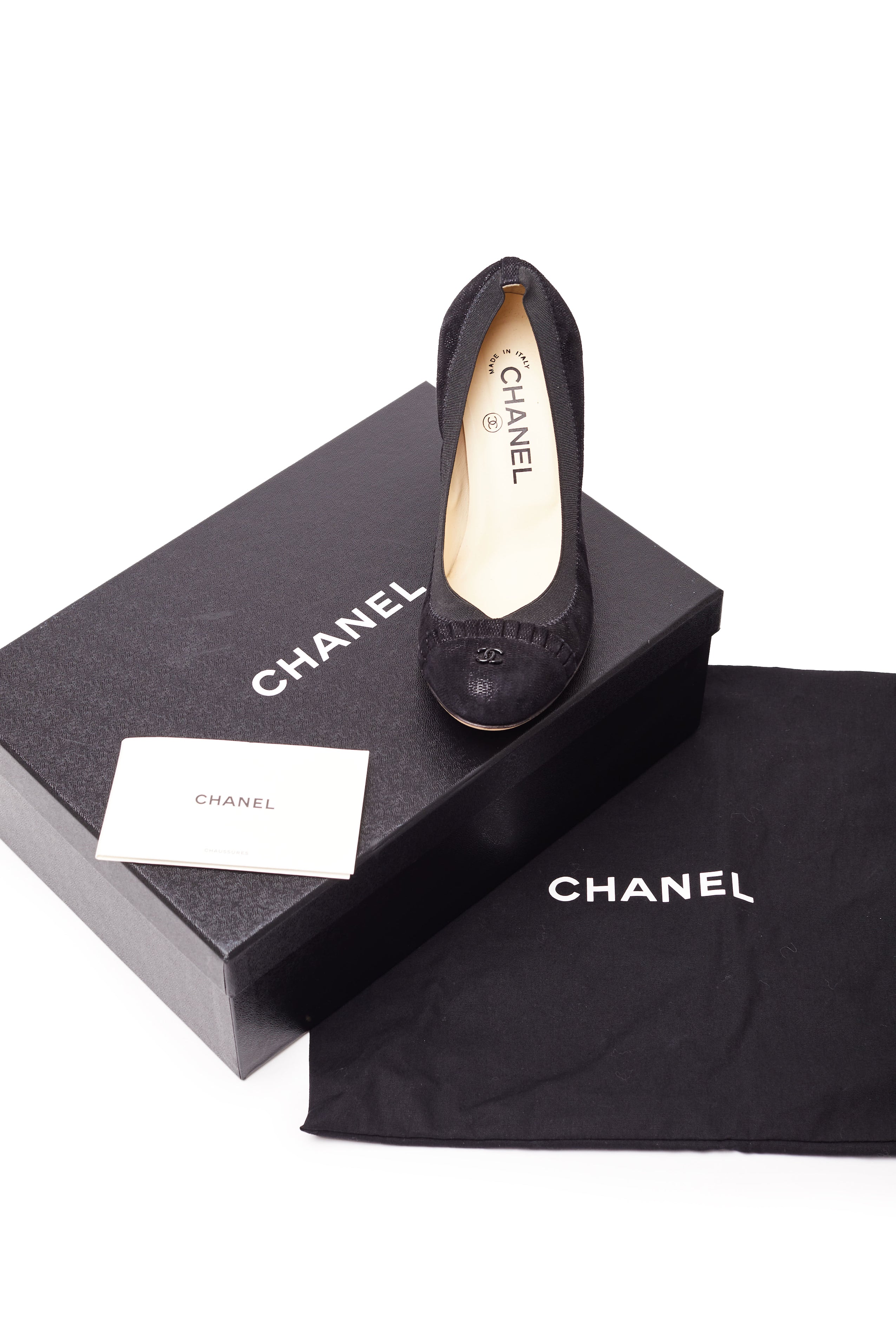 Chanel <br> Pre-Fall 2011 CC logo metallic suede elastic ballet heels