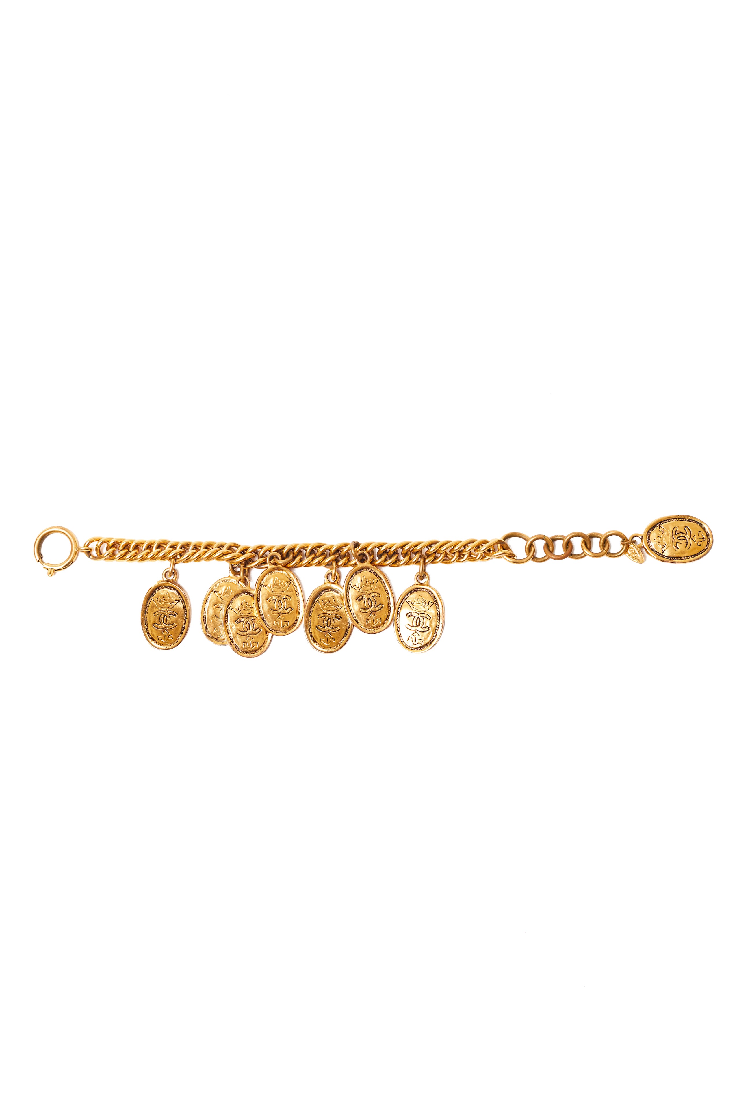 Chanel <br> 1980's gold plated CC crown logo coin charm bracelet